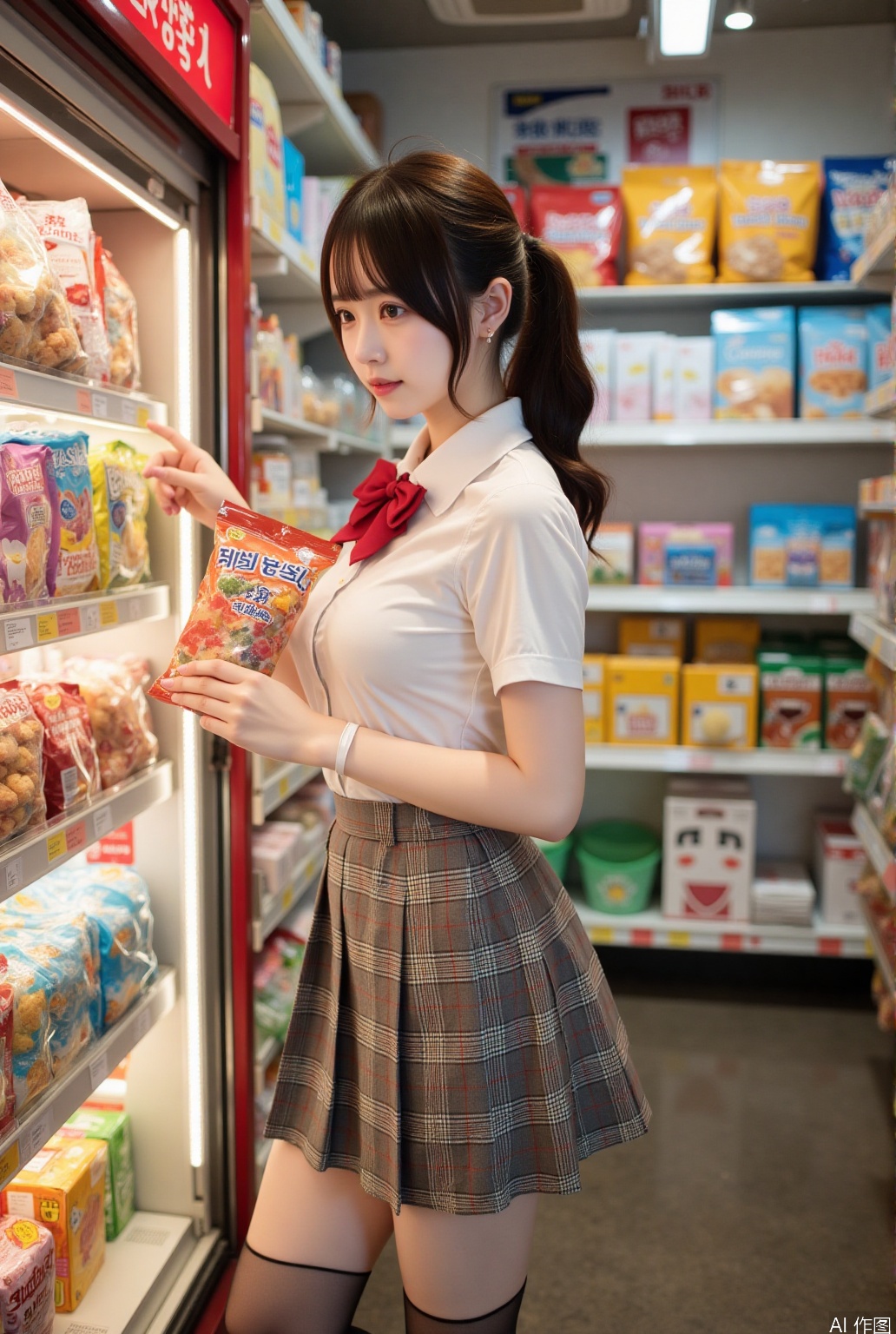 In a quaint corner store, a young Asian woman embodies the innocence of youthful charm. Her makeup is minimal, with just a touch of soft pink blush and a hint of clear lip gloss, enhancing her natural beauty. Her hair is a light chestnut brown, styled in a neat twin-tail that frames her face sweetly. She wears a classic JK uniform: a crisp white blouse with a red bow, a plaid skirt that ends just above the knee, revealing her toned thighs, and black stockings. The store is filled with everyday items, from snacks and drinks to stationery, with shelves lined neatly. She stands by the candy aisle, holding a colorful bag of gummy bears, her eyes sparkling with curiosity. The camera captures her from a side angle, emphasizing her graceful posture. The lighting is detailed and volumetric, with soft backlighting creating a warm glow around her. Her skin has a natural shine, and the background is slightly blurred to focus on her. Her expression is gentle and curious, exuding a sense of purity and charm.