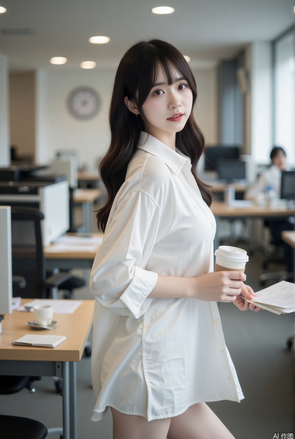 An Asian woman’s pure charm is captured in an everyday office setting. Her makeup is light, with a natural glow and a touch of soft pink blush. Her hair is a dark brown, styled in loose waves that fall over her shoulders. She wears a white shirt with a slightly oversized fit, giving a relaxed vibe. The office is bustling, with a desk, a chair, and a printer in the background. She stands beside the printer, holding a coffee cup in one hand and a document in the other, looking thoughtful. The camera captures her from a side angle, framing her from head to knees. Her expression is gentle and introspective. The lighting is cinematic, with soft shadows and a focus on her thighs and the texture of the shirt.