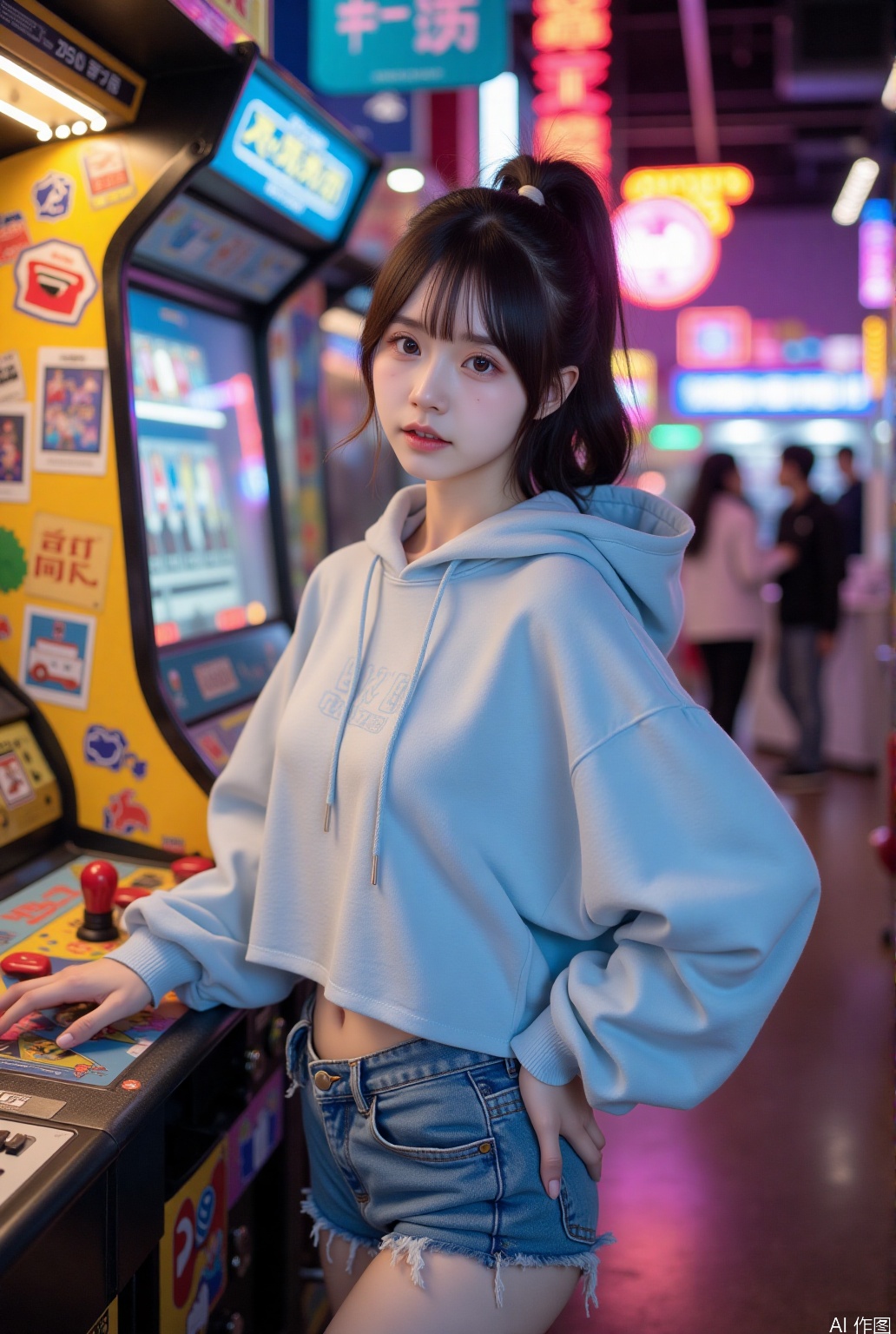 In the bustling arcade, a young Asian woman exudes youthful charm. Her makeup is minimal, with just a touch of mascara and a sheer lip tint, accentuating her natural beauty. Her hair is a bright chestnut brown, styled in a playful high ponytail that bounces with her movements. She wears a loose, oversized hoodie in soft pastel blue, paired with a pair of short denim hotpants that show off her toned thighs. The arcade is filled with colorful lights, retro video game cabinets, and the hum of excited chatter. She stands in front of a vintage arcade machine, one hand on her hip and the other poised above the controls, ready to play. The camera captures her from a slight angle above, highlighting her playful demeanor. The lighting is detailed and volumetric, with god rays streaming through the arcade's neon signs. Her skin has a subtle shine, and the background is ultra-detailed, capturing the vibrant atmosphere. Her expression is a mix of curiosity and excitement, embodying the essence of a carefree day out.