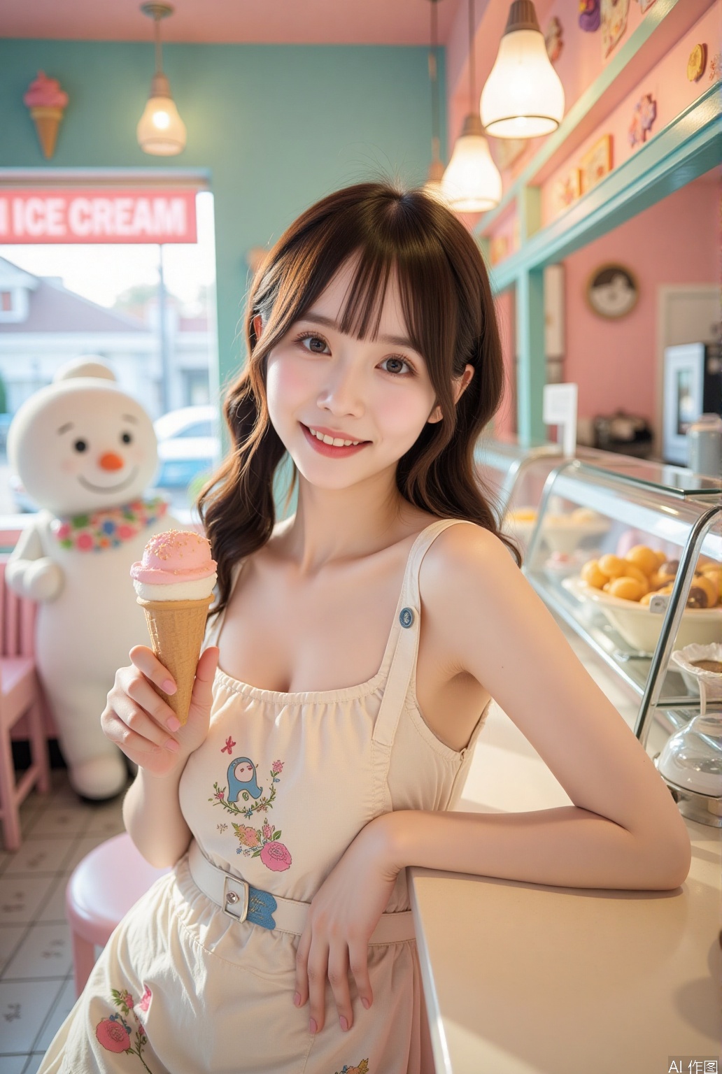 In a whimsical, pastel-colored ice cream parlor, an Asian woman with soft, honey-brown hair styled in loose curls exudes a playful charm. Her makeup is light and natural, with a dewy finish, a touch of pink blush, and a glossy, strawberry-pink lip tint. She wears a vintage sundress adorned with delicate floral patterns, complemented by a white apron with colorful patches. The scene is filled with ice cream cones, pastel decorations, and a friendly snowman mascot named "Snow King" in the corner. She playfully poses, leaning against the counter, one hand holding a scoop of ice cream while the other rests on her hip. The camera captures her from a low angle, highlighting her joyful expression and the vibrant colors around her. The lighting is ultra-detailed, with volumetric rays streaming through the windows, casting a soft glow on her shiny skin. Film grain adds a nostalgic touch, while backlighting creates a halo effect around her, enhancing the dreamy atmosphere.