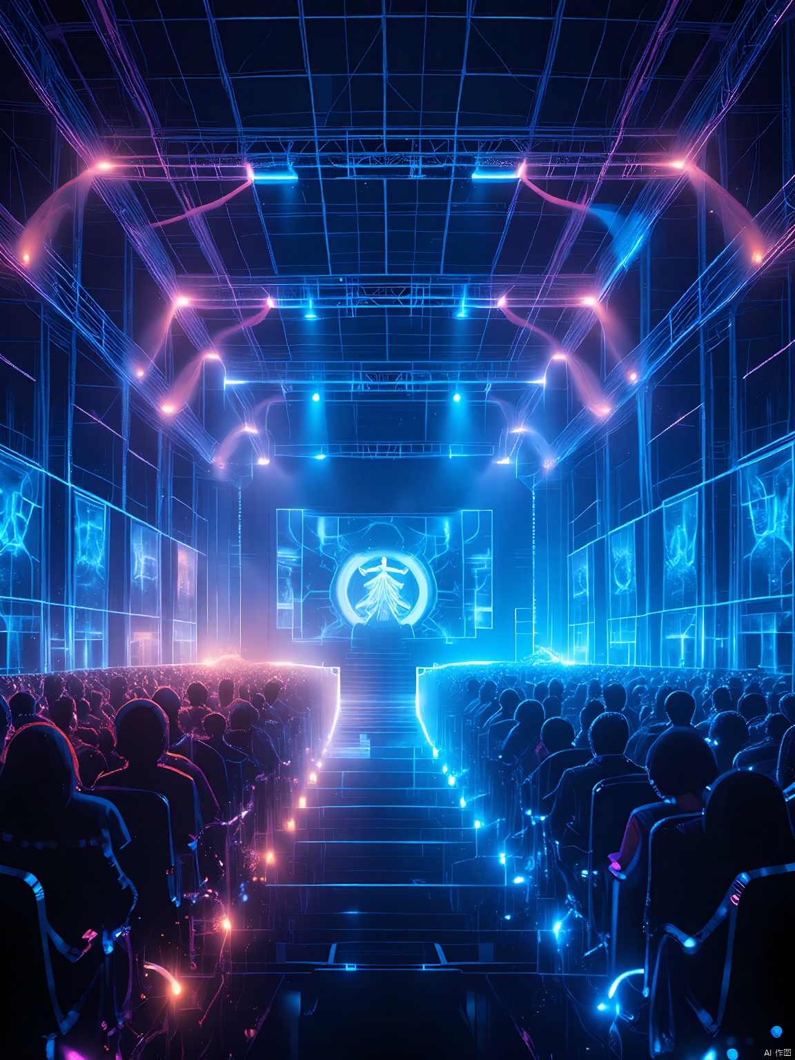 QXXG, a holographic concert stage bathed in vibrant, multi-colored lights. The stage is empty, but the holographic performers are about to materialize, ready to captivate the audience with their digital, otherworldly music and dance.