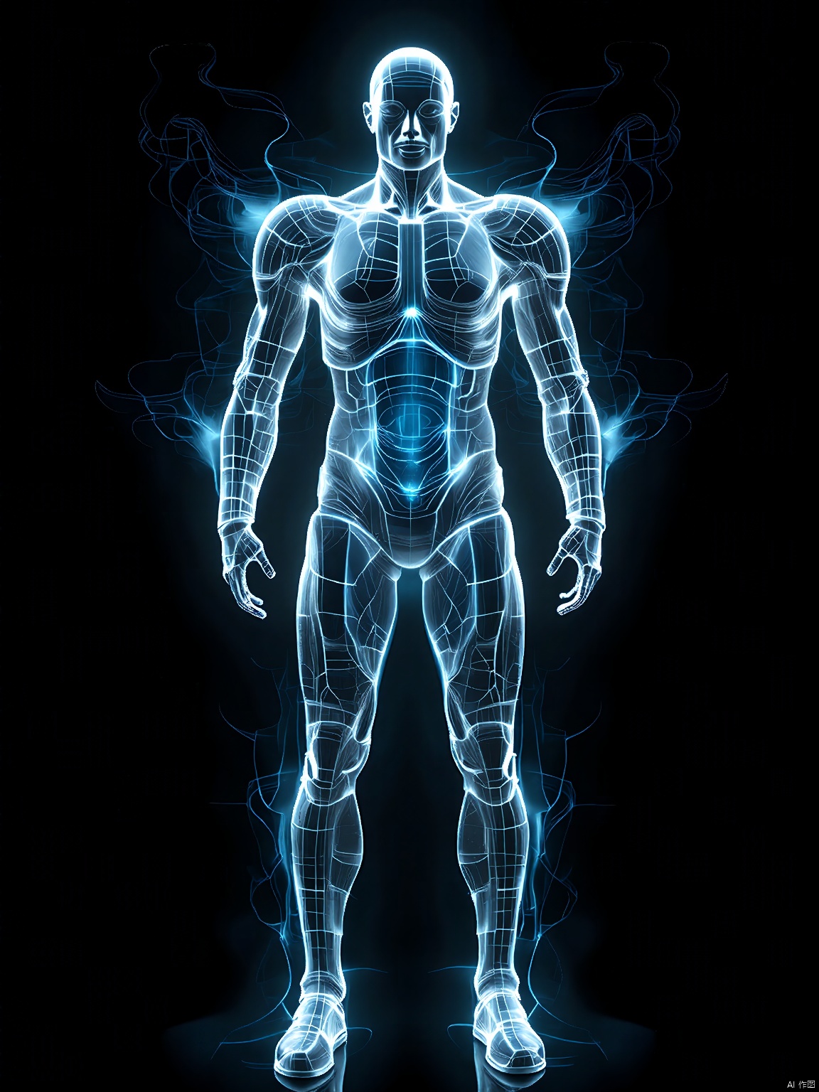 QXXG, a holographic entity manifesting as a sleek, silver robot with glowing, neon circuits running through its metallic frame. It stands in a black void, its sensors scanning the darkness, a beacon of advanced technology and artificial intelligence.