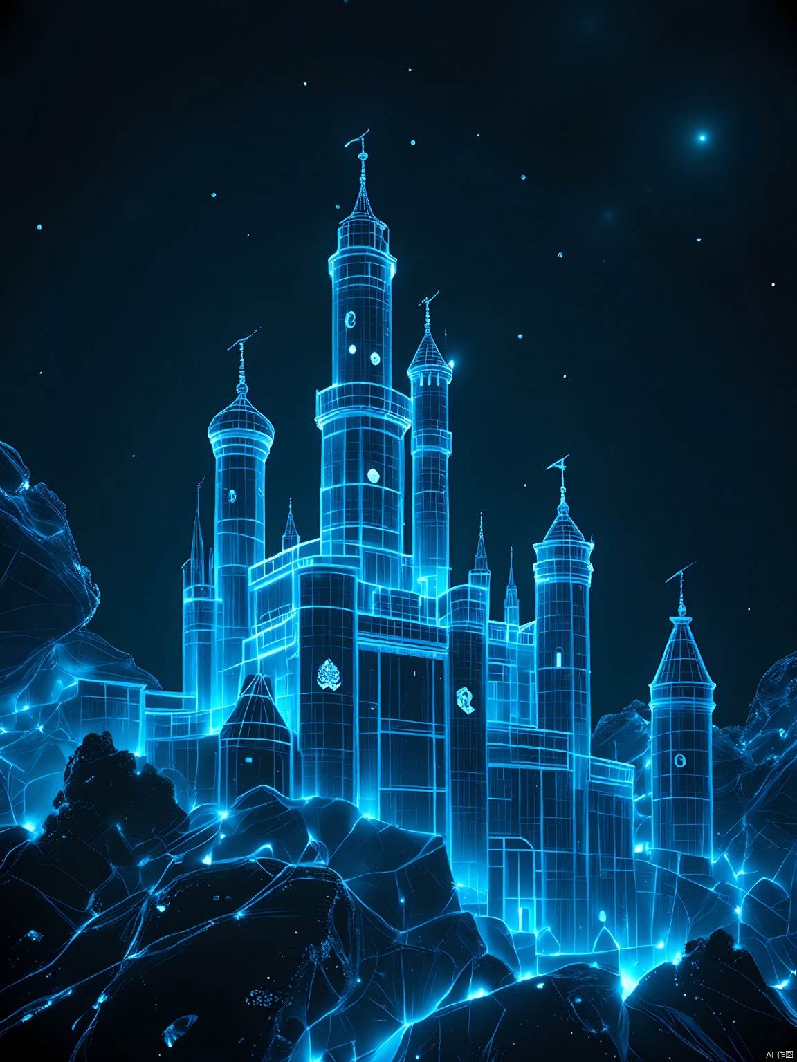 QXXG, a holographic castle rising from the depths of a black void. The castle's towering walls and towers are adorned with glowing, neon symbols and sigils, casting an eerie yet majestic glow on the surrounding darkness.