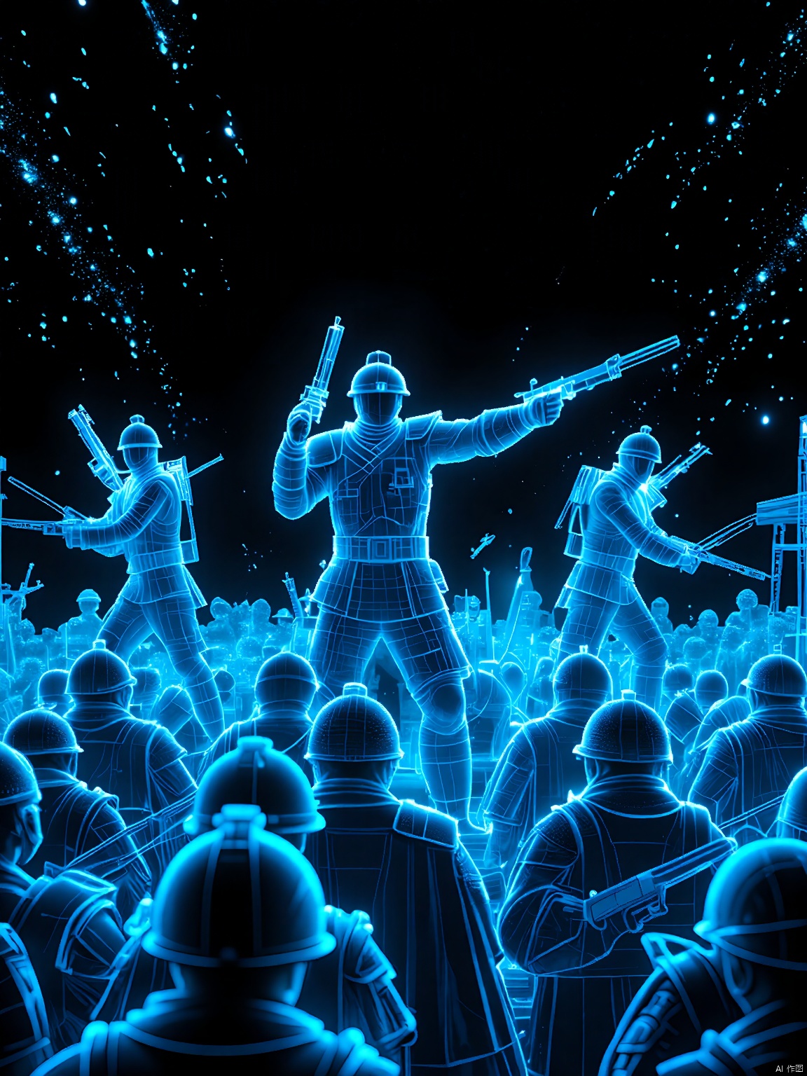 QXXG, a holographic battlefield where digital soldiers clash in a high-stakes game of strategy and skill. The soldiers are rendered in stunning detail, their weapons and armor glowing with an otherworldly light. The background is a sea of black, punctuated by the occasional explosion or burst of energy.