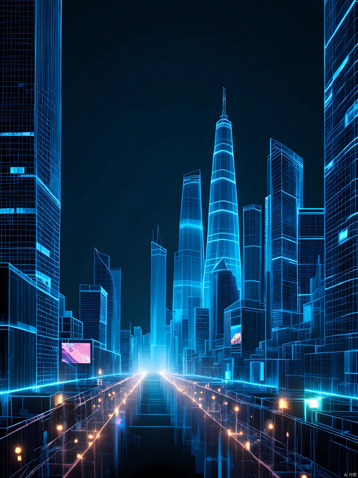 QXXG, a holographic metropolis soaring above a sea of darkness. Towering skyscrapers, their facades pulsing with vibrant, digital patterns, stretch into the infinite black sky. The streets below are empty, save for floating, holographic advertisements and the occasional spark of neon light.