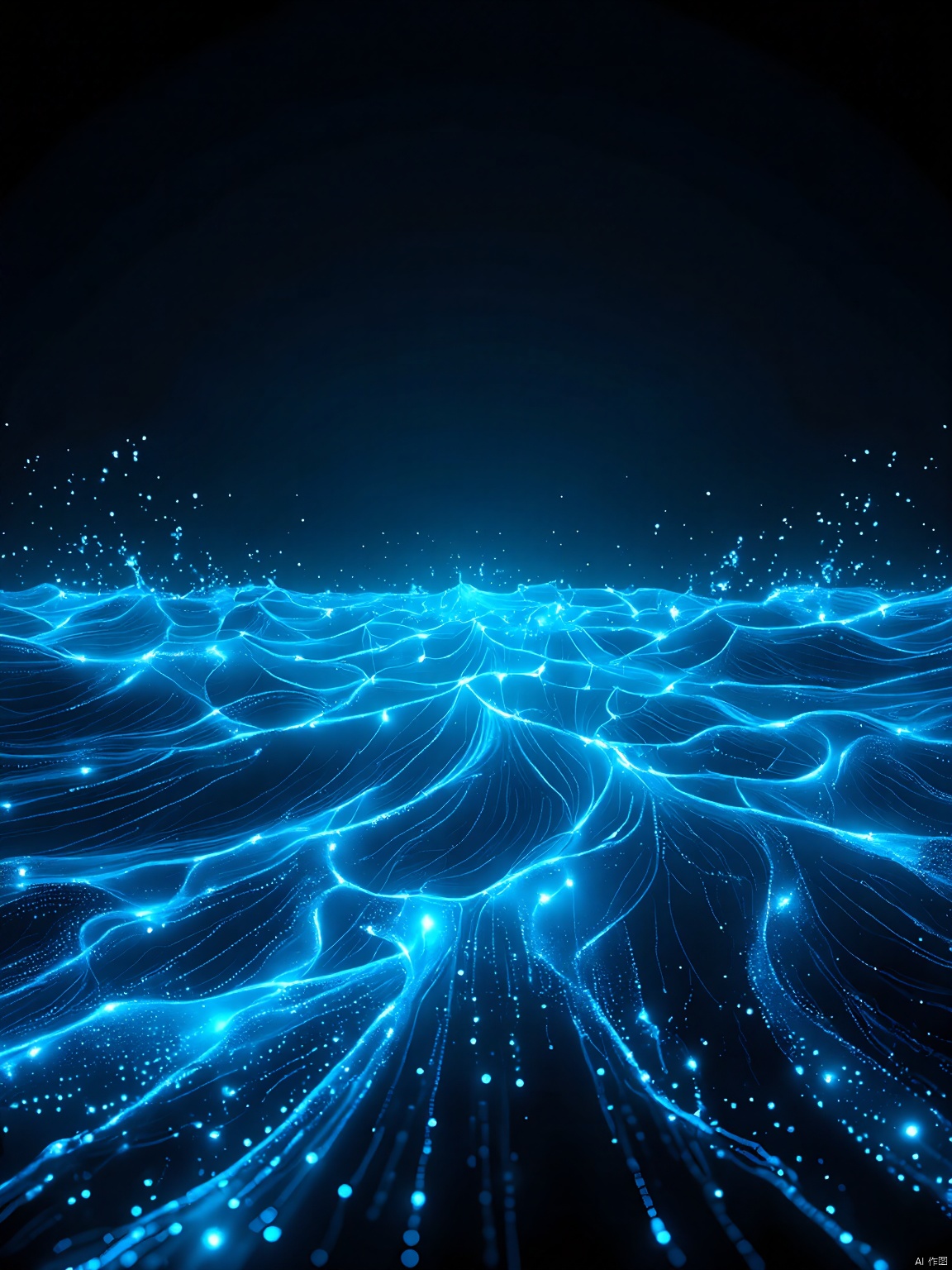 QXXG, a holographic ocean waves crashing against a shore of darkness. The water is illuminated by glowing, bioluminescent plankton, creating a mesmerizing display of light and movement. In the distance, the ocean stretches endlessly into the black void.