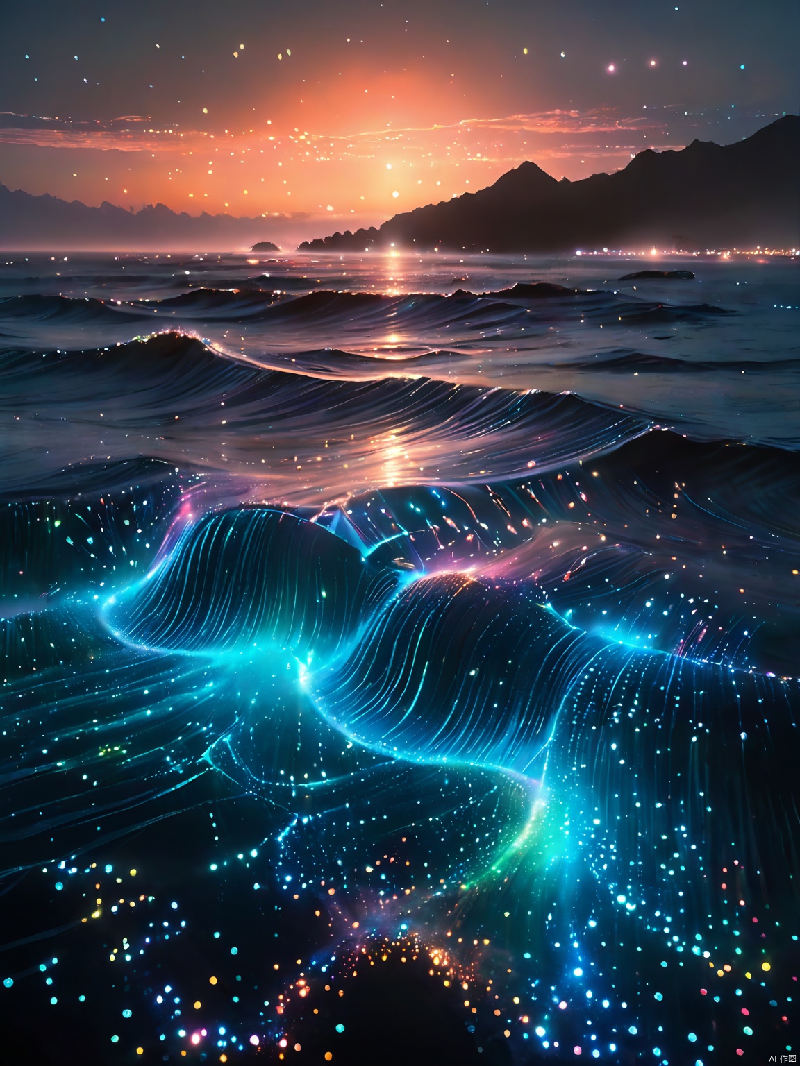 QXXG, a holographic ocean waves crashing against a shore of darkness. The water is illuminated by glowing, bioluminescent plankton, creating a mesmerizing display of light and movement. In the distance, the ocean stretches endlessly into the black void.