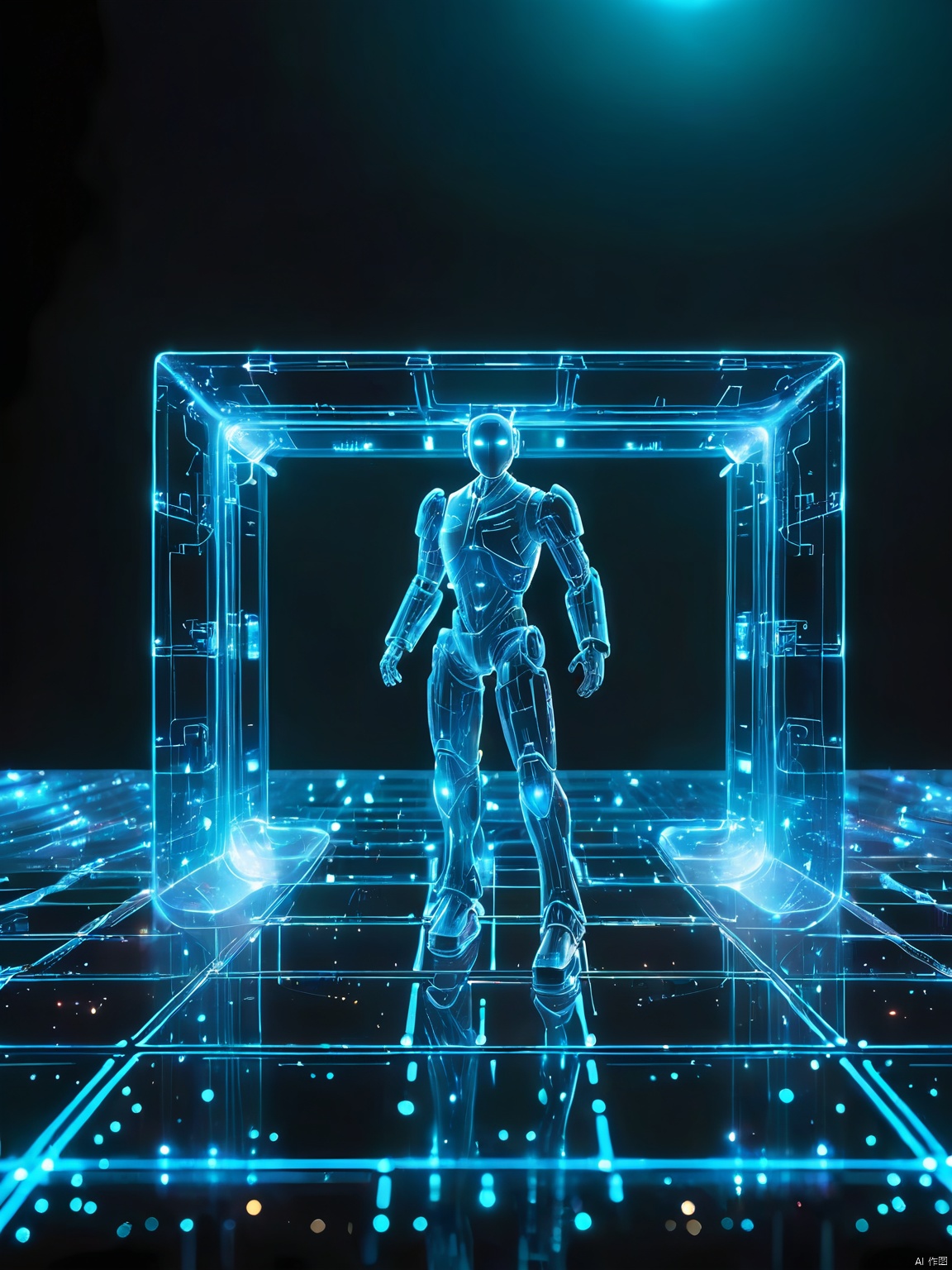 QXXG, a holographic entity manifesting as a sleek, silver robot with glowing, neon circuits running through its metallic frame. It stands in a black void, its sensors scanning the darkness, a beacon of advanced technology and artificial intelligence.