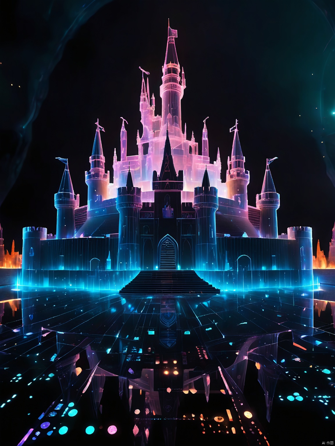 QXXG, a holographic castle rising from the depths of a black void. The castle's towering walls and towers are adorned with glowing, neon symbols and sigils, casting an eerie yet majestic glow on the surrounding darkness.