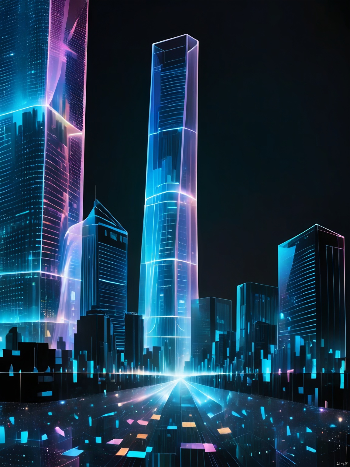 QXXG, a holographic metropolis soaring above a sea of darkness. Towering skyscrapers, their facades pulsing with vibrant, digital patterns, stretch into the infinite black sky. The streets below are empty, save for floating, holographic advertisements and the occasional spark of neon light.