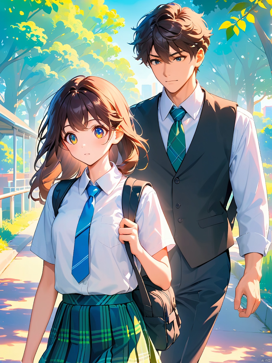 BDZC, Anime-style drawing of two high school students walking in a park during the day. The girl has long, flowing dark hair and is wearing a white blouse with a green plaid skirt, a green tie, and a black backpack. She has a serious expression and is holding a black bag. The boy has short, messy brown hair and is wearing a white shirt, a blue tie, and a black vest. He has a relaxed expression and is carrying a blue backpack. The background features a sunny, tree-lined path with a bridge in the distance. The art style is detailed and vibrant.