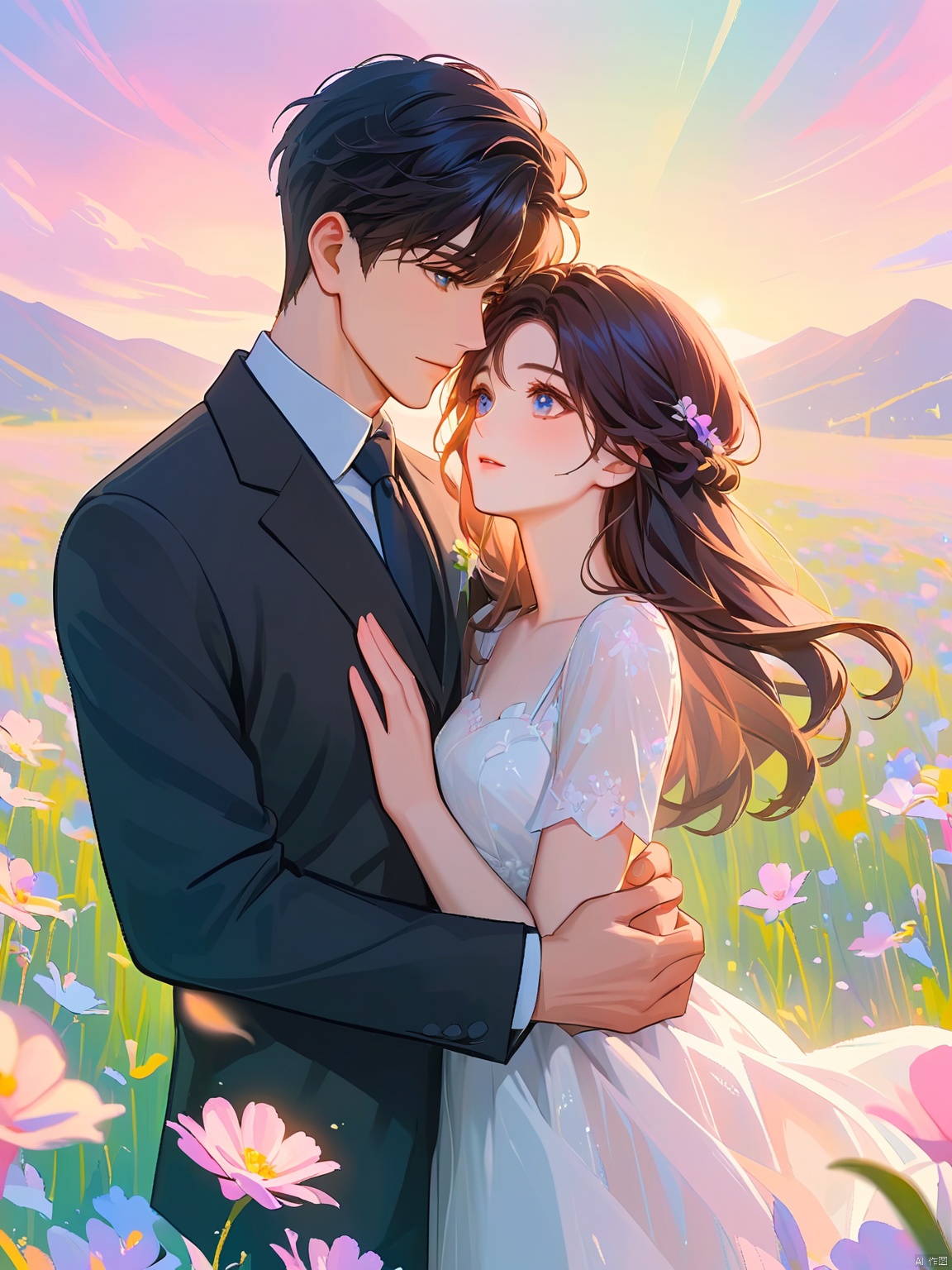 BDZC, A digital painting of a romantic couple in a field of flowers. The man, with messy dark hair and a black suit, gently holds the woman's face with one hand. The woman, with long wavy dark hair and a white dress, looks up at him with a serene expression. Soft, pastel colors fill the background, with a dreamy, ethereal quality. The artwork has a soft, painterly style, with delicate brush strokes and a gentle, glowing light. The couple is the main focus, with a blurred, picturesque background.