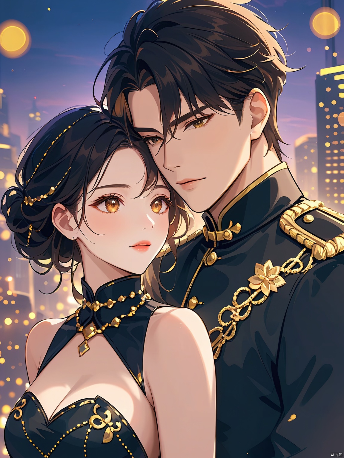 BDZC, Digital artwork of a couple, anime style, with a romantic and elegant atmosphere. The man has short, wavy black hair and wears a black military-style uniform with gold accents and a high collar. The woman has long, dark hair styled in an updo with soft curls framing her face and wears a similar black dress with gold embroidery and a high collar. They are standing close together, the man's head resting on the woman's shoulder, looking into each other's eyes with a tender expression. The background features a cityscape with warm, glowing lights, creating a dreamy and intimate setting.