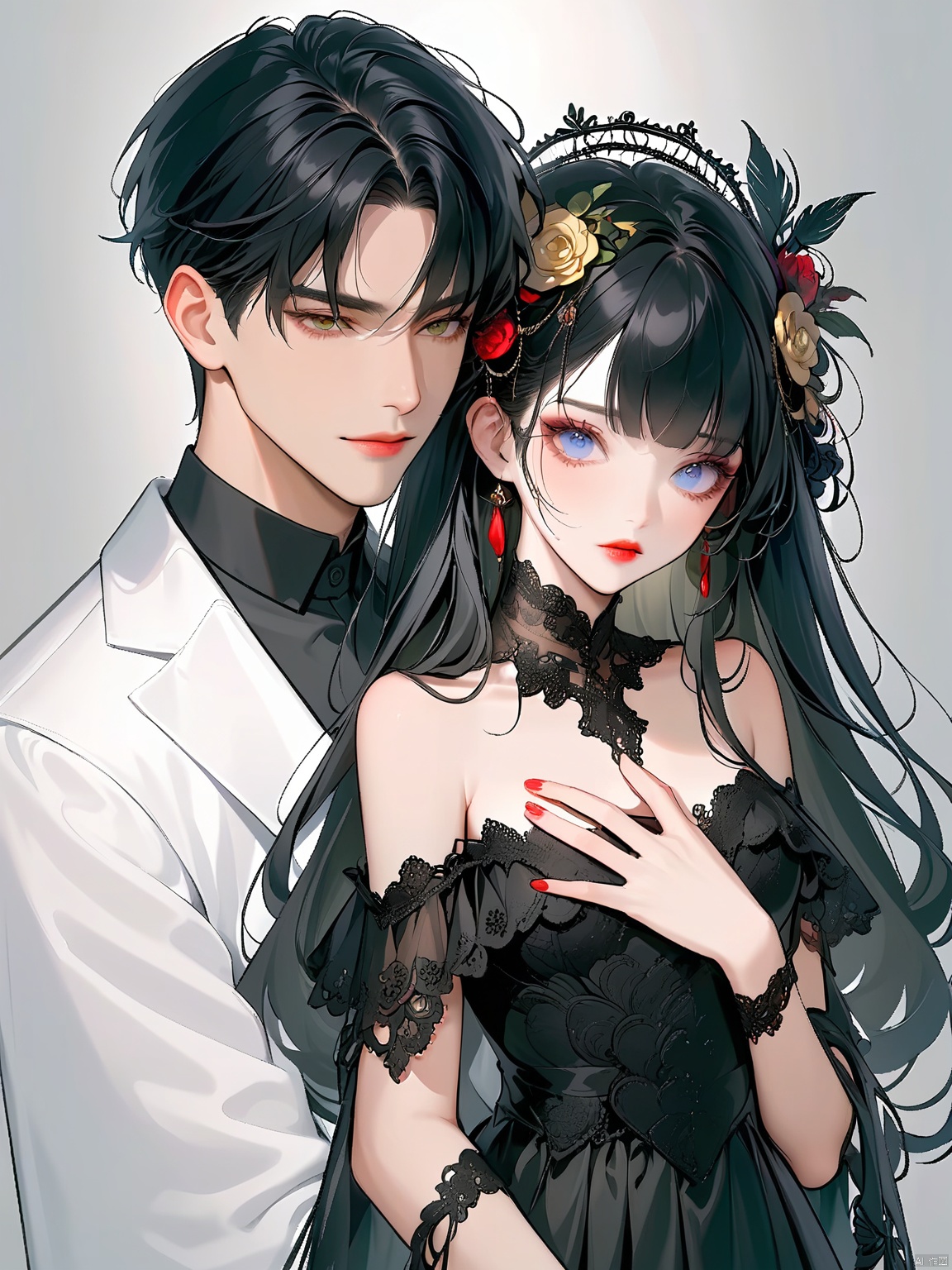 BDZC, Anime-style digital artwork of a couple, featuring a woman with long black hair adorned with floral accessories, wearing a black lace dress with intricate details and a white off-the-shoulder top. She has fair skin, large eyes, and red lips. Behind her, a man with short black hair and fair skin is looking down at her, wearing a black shirt. The background is a simple, light gray color. The style is detailed and realistic, with a focus on the emotional connection between the characters.