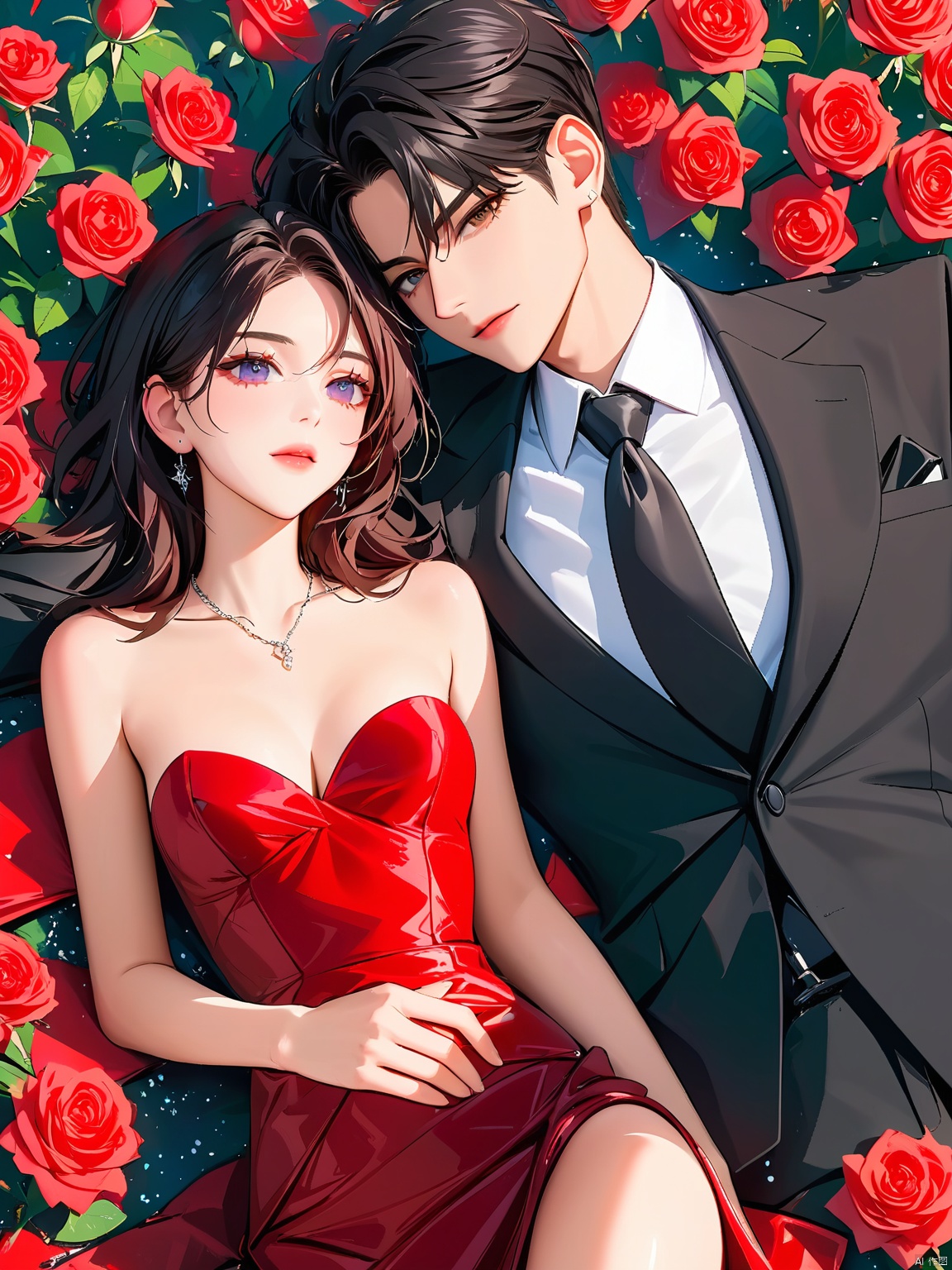 BDZC, Anime-style illustration of a man and a woman lying on a bed of red roses. The man is wearing a black suit with a white shirt and black tie, and has short, dark hair. The woman has long, dark hair and is wearing a strapless, red dress with a sweetheart neckline. She has a delicate, fair complexion and is adorned with a silver necklace and earrings. The background features lush red roses, creating a romantic and vibrant atmosphere. The style is detailed and realistic, with soft lighting and shadows enhancing the mood.