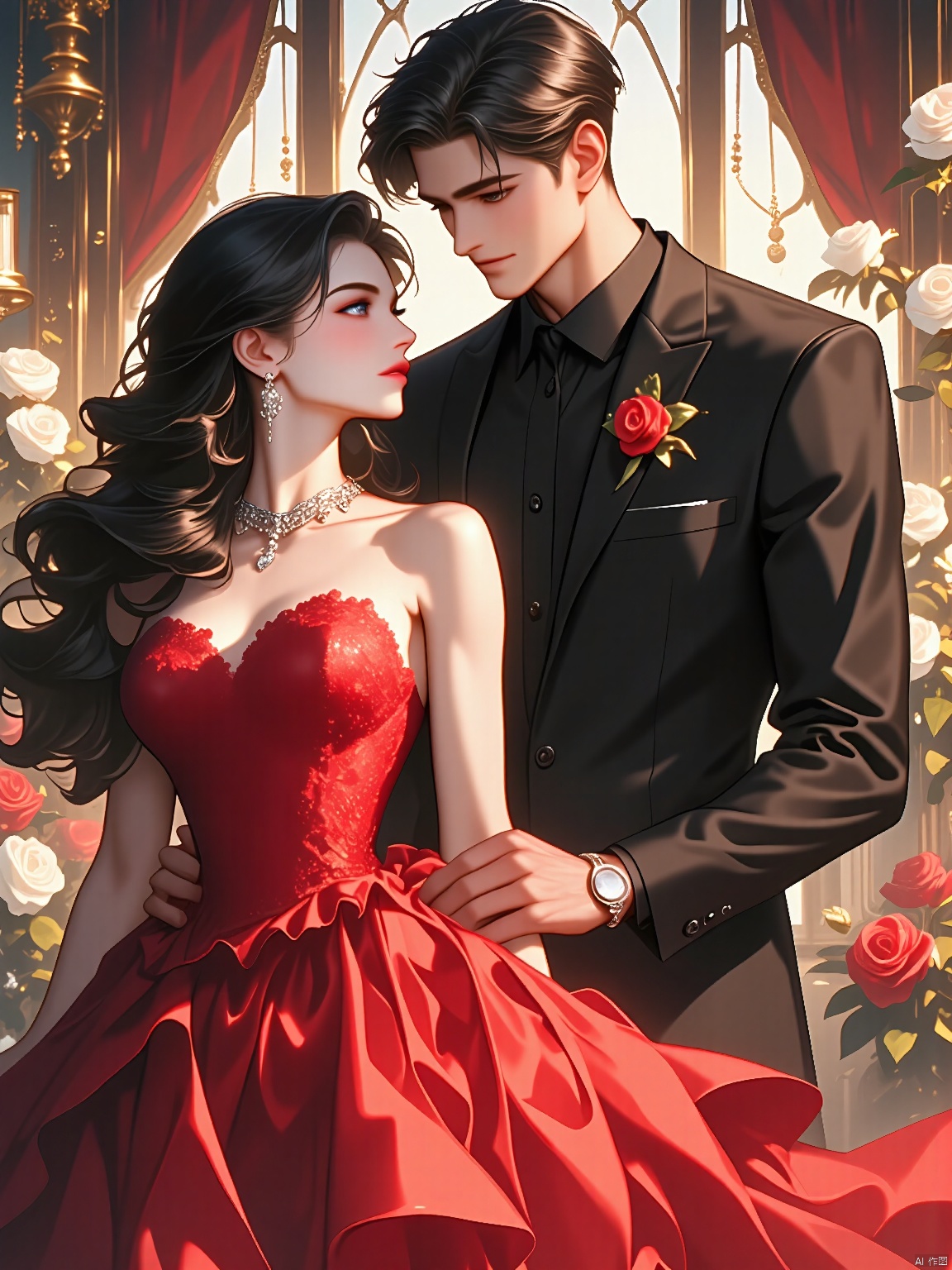 BDZC, A high-quality, detailed digital illustration of a romantic couple in an elegant setting. The woman, with long, wavy dark hair and a slender physique, wears a red lace dress and a silver necklace, while the man, with short dark hair and a lean build, is dressed in a black tuxedo. They are standing close, looking into each other's eyes, with the man's hand gently on the woman's waist. The background features a large window with soft, warm light streaming in, casting a romantic glow. The room is decorated with white roses and red curtains, adding to the intimate atmosphere.
