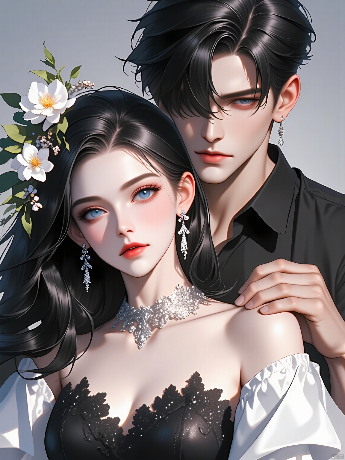 BDZC, Anime-style digital artwork of a couple, featuring a woman with long black hair adorned with floral accessories, wearing a black lace dress with intricate details and a white off-the-shoulder top. She has fair skin, large eyes, and red lips. Behind her, a man with short black hair and fair skin is looking down at her, wearing a black shirt. The background is a simple, light gray color. The style is detailed and realistic, with a focus on the emotional connection between the characters.