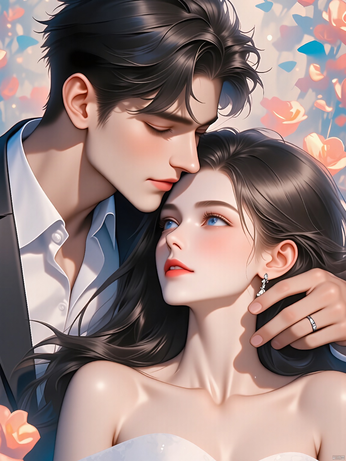 BDZC, A digital painting of a romantic couple in a field of flowers. The man, with messy dark hair and a black suit, gently holds the woman's face with one hand. The woman, with long wavy dark hair and a white dress, looks up at him with a serene expression. Soft, pastel colors fill the background, with a dreamy, ethereal quality. The artwork has a soft, painterly style, with delicate brush strokes and a gentle, glowing light. The couple is the main focus, with a blurred, picturesque background.