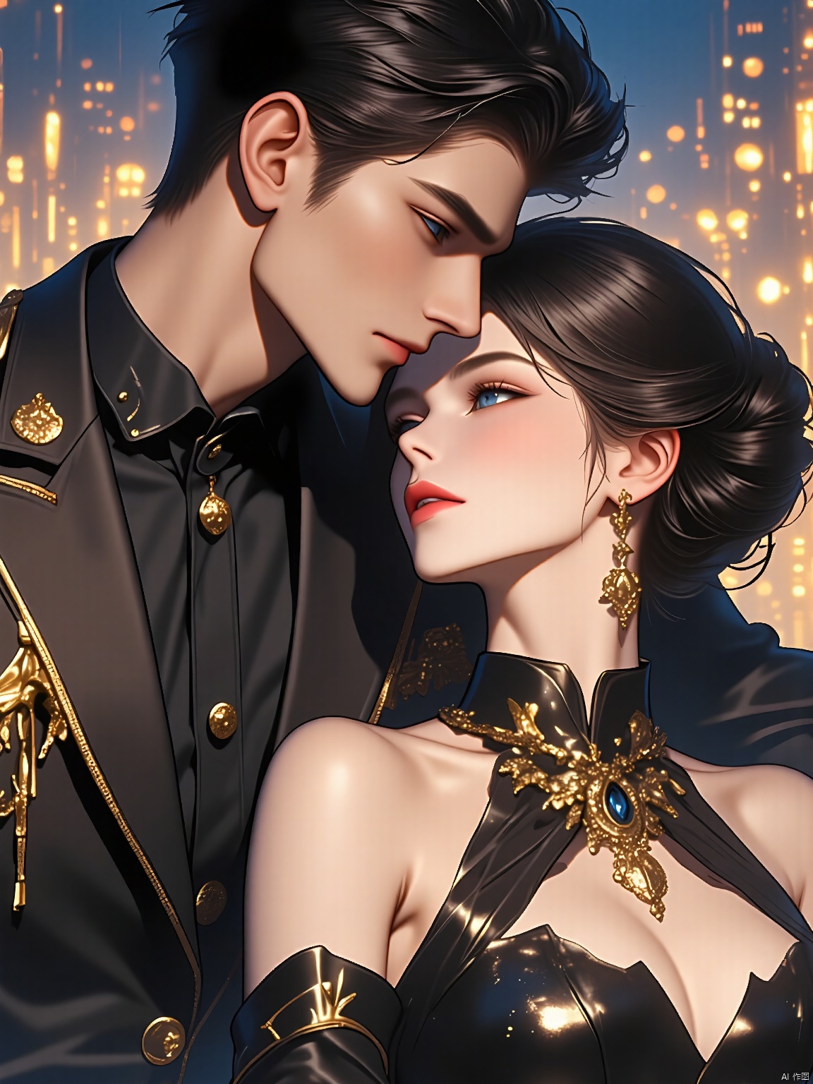 BDZC, Digital artwork of a couple, anime style, with a romantic and elegant atmosphere. The man has short, wavy black hair and wears a black military-style uniform with gold accents and a high collar. The woman has long, dark hair styled in an updo with soft curls framing her face and wears a similar black dress with gold embroidery and a high collar. They are standing close together, the man's head resting on the woman's shoulder, looking into each other's eyes with a tender expression. The background features a cityscape with warm, glowing lights, creating a dreamy and intimate setting.