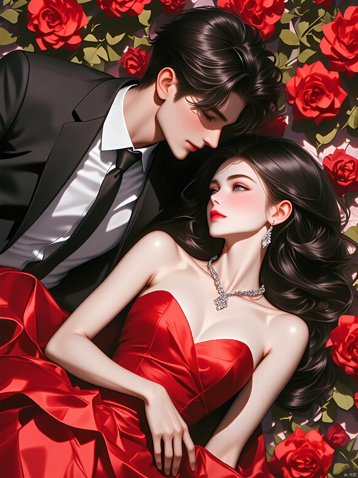 BDZC, Anime-style illustration of a man and a woman lying on a bed of red roses. The man is wearing a black suit with a white shirt and black tie, and has short, dark hair. The woman has long, dark hair and is wearing a strapless, red dress with a sweetheart neckline. She has a delicate, fair complexion and is adorned with a silver necklace and earrings. The background features lush red roses, creating a romantic and vibrant atmosphere. The style is detailed and realistic, with soft lighting and shadows enhancing the mood.