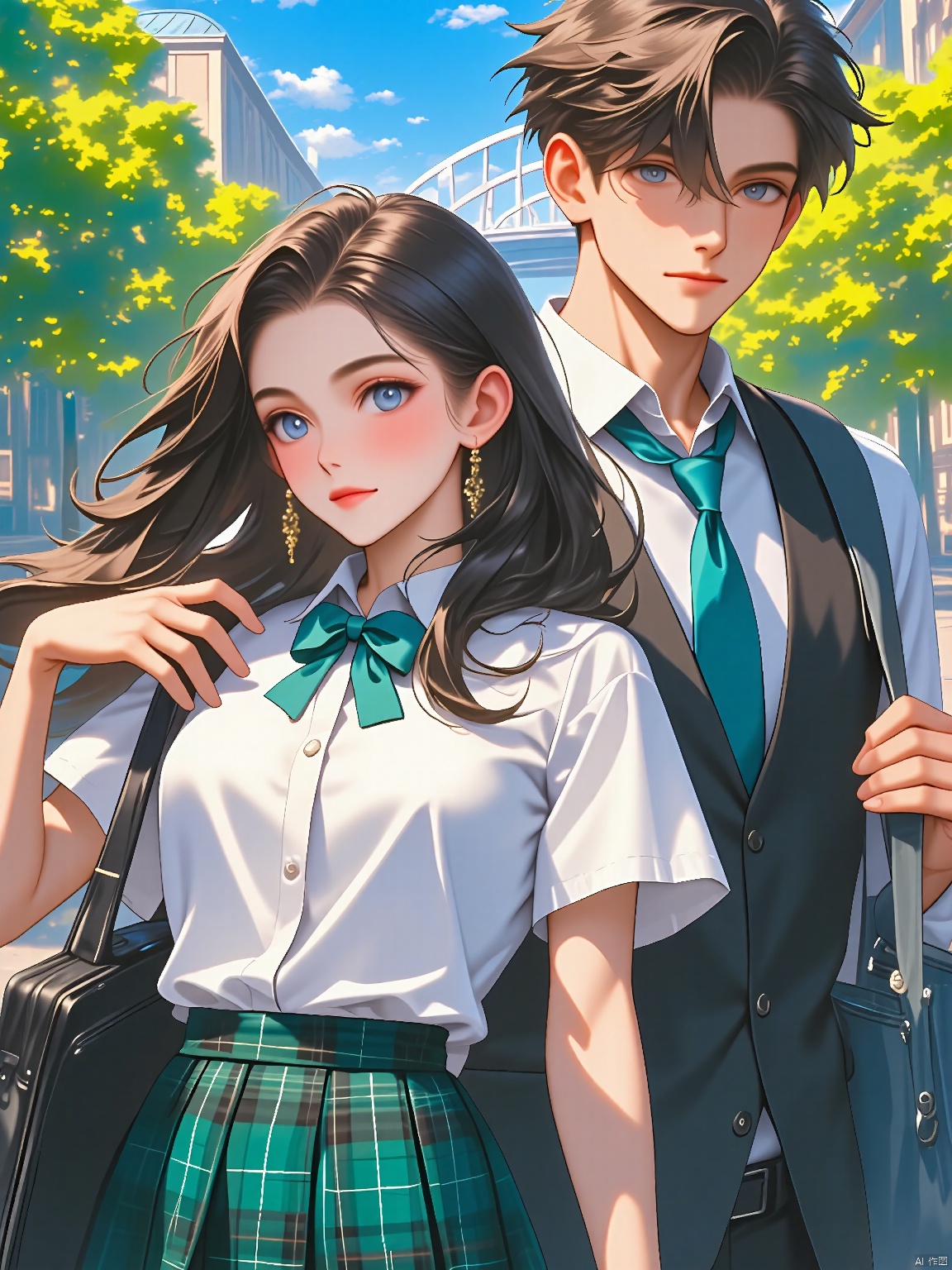 BDZC, Anime-style drawing of two high school students walking in a park during the day. The girl has long, flowing dark hair and is wearing a white blouse with a green plaid skirt, a green tie, and a black backpack. She has a serious expression and is holding a black bag. The boy has short, messy brown hair and is wearing a white shirt, a blue tie, and a black vest. He has a relaxed expression and is carrying a blue backpack. The background features a sunny, tree-lined path with a bridge in the distance. The art style is detailed and vibrant.