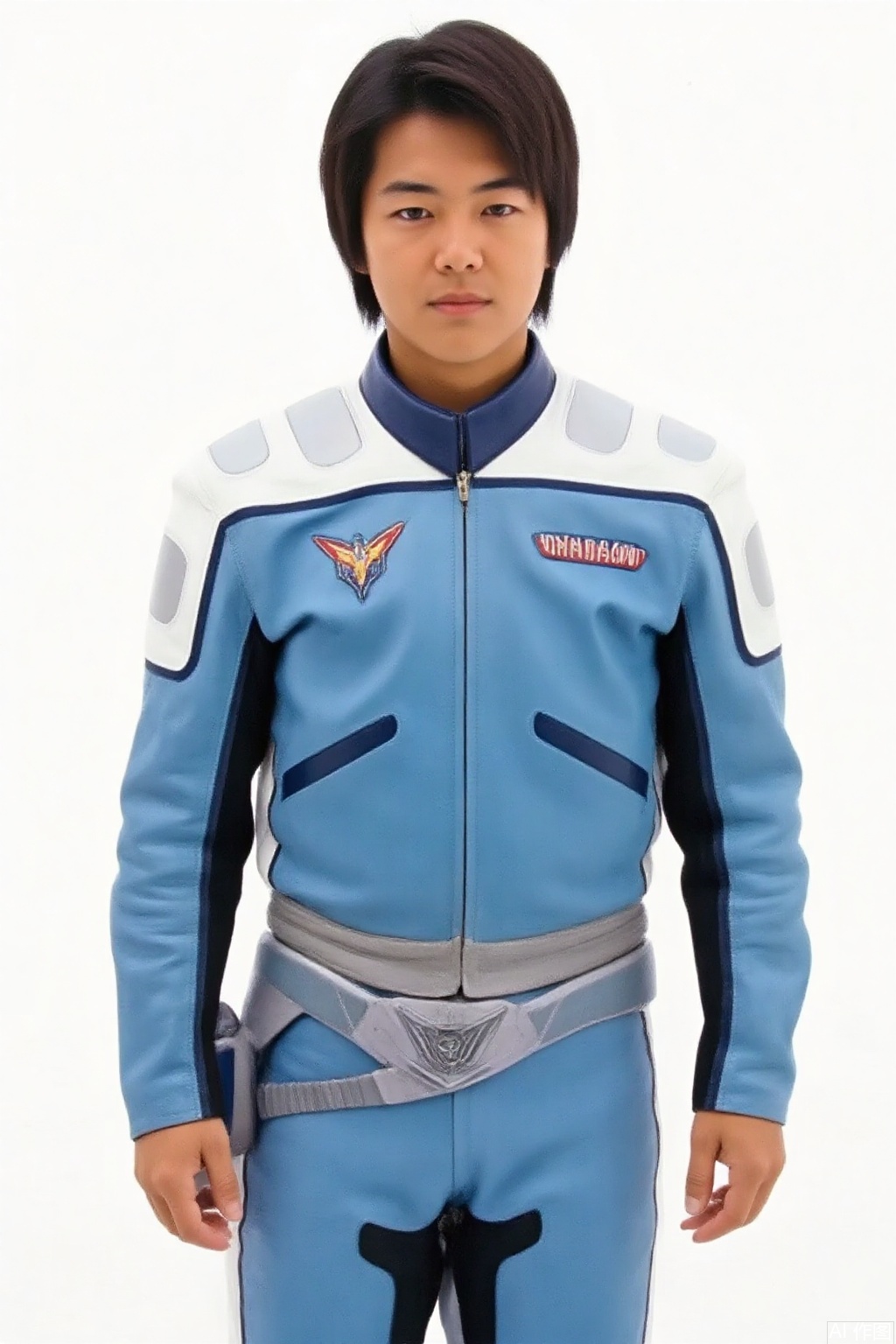 masterpiece, best quality,solo,(white background:1.2),simple background,
looking at viewer,EYES,collar,belt,logo,uniform,jacket,pants,gloves,boots,emblem,blue jacket,blue pants,blue jacket with grey and white line,blue pants with white line