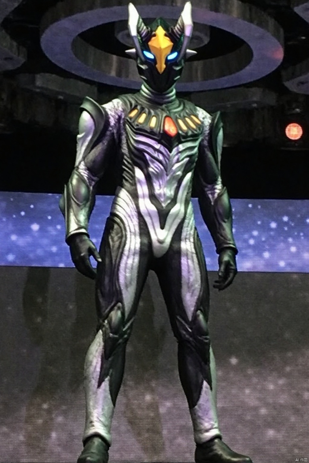 Zter,ultraman,bodysuit,gloves,legwear,boots,cover,mask,plugsuit,armor,bodysuit,pattern on body,tight-fitting,helmet,leather suit,latex,tokusatsu,no humans,science fiction,hard mask,no smile,no eyes,no nose,solo,rubber bodysuit with line,alien,