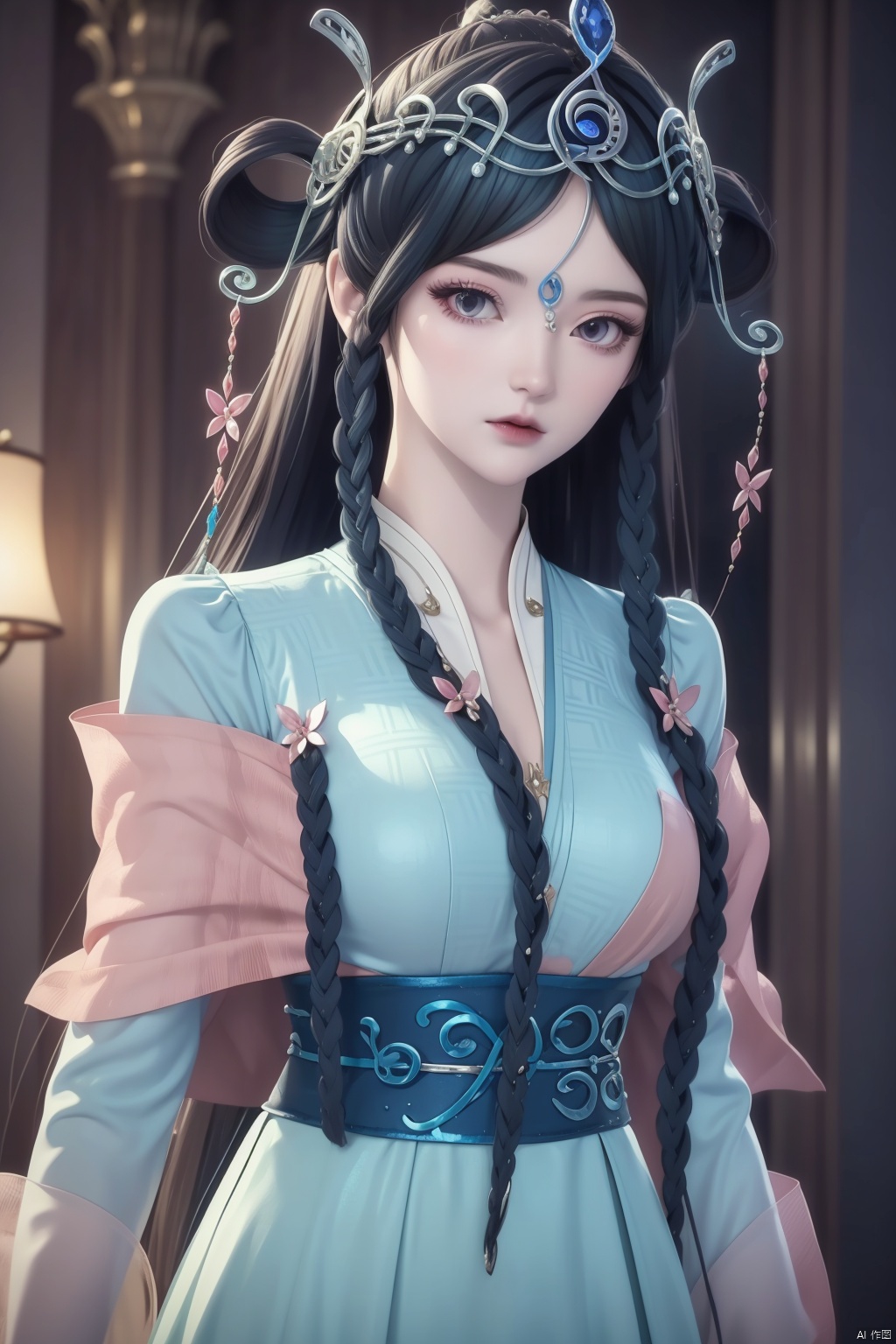 1girl, solo, long hair, hair ornament, long sleeves, dress, braid, twin braids, sash, blue dress, hair rings,Blue black hair,masterpiece,best quality,official art,extremely detailed CG unity 8k wallpaper,upper body,looking at viewer