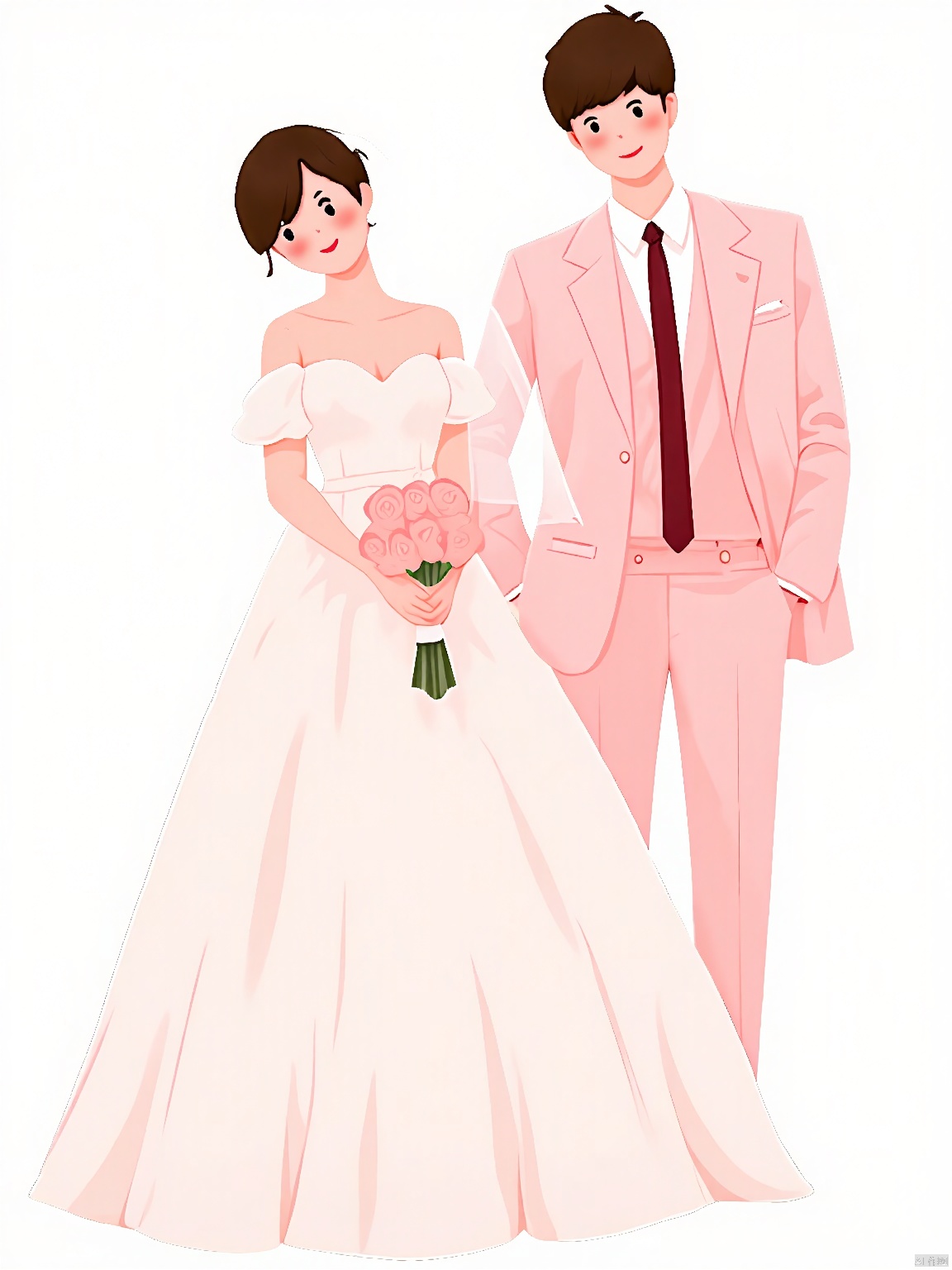 RWYS, A digital illustration of a bride and groom in a romantic, soft color palette. The bride wears a strapless, off-the-shoulder white wedding dress with a full skirt and a veil, holding a bouquet of flowers. The groom is dressed in a light pink suit with a white shirt and a red tie, standing with his hands in his pockets. The background is white, and the overall style is clean and minimalistic with a soft, romantic feel.