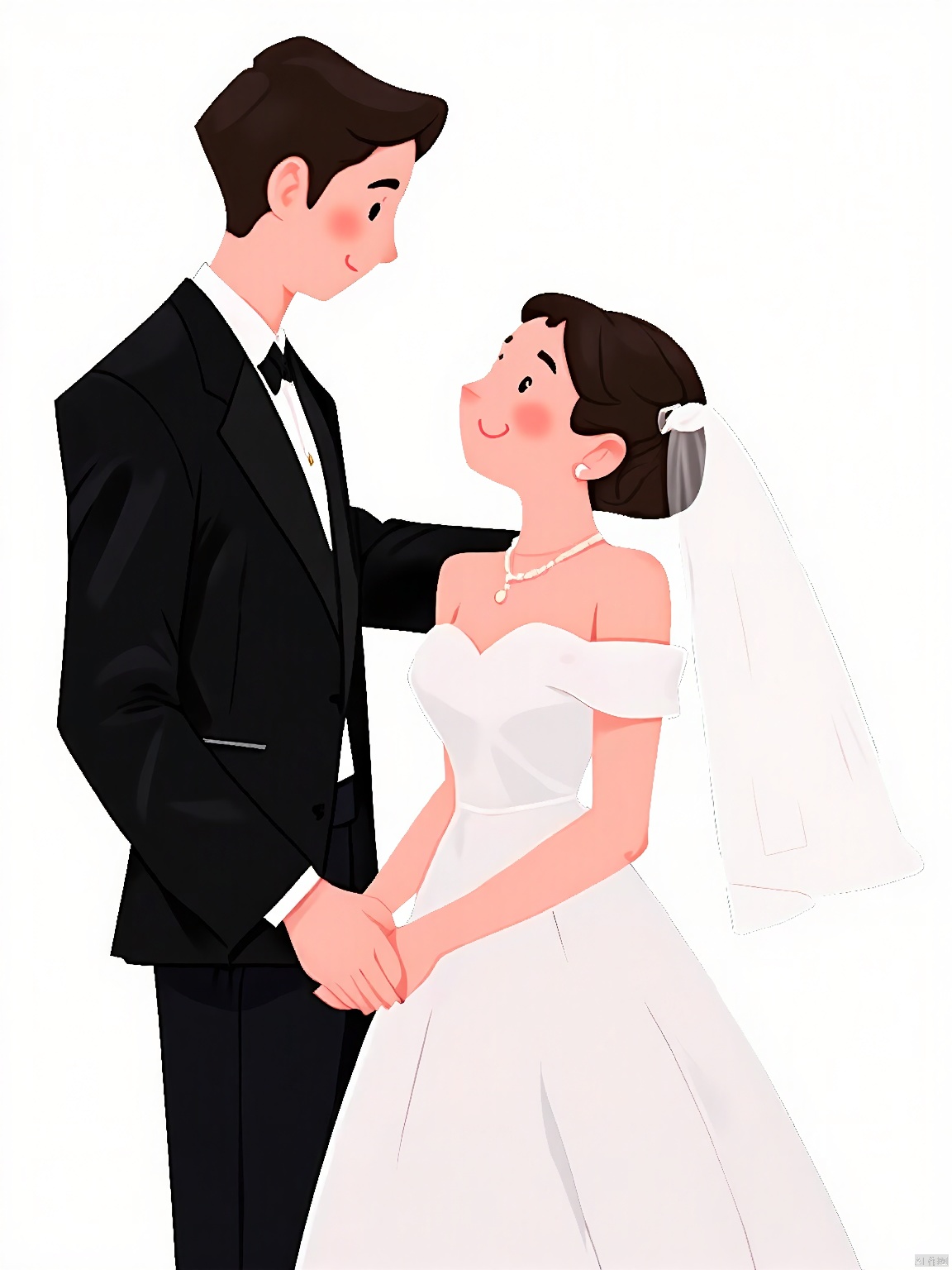 RWYS, A digital illustration of a bride and groom holding hands, standing facing each other. The bride is wearing a white wedding dress with a long veil, and the groom is in a black suit with a white shirt and black tie. The background is plain white. The style is simple and clean, with smooth lines and soft shading. The bride's hair is styled in an elegant updo, and she is smiling warmly. The groom is looking at the bride with a gentle expression. The overall mood is romantic and happy.
