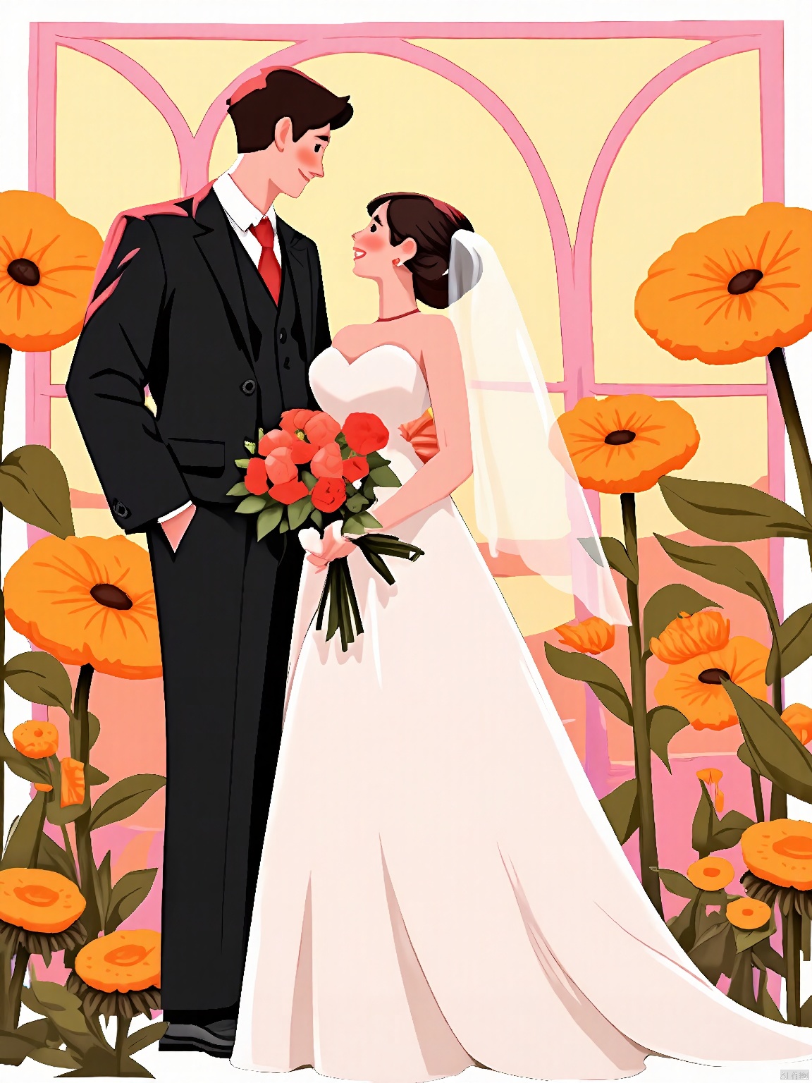 RWYS, Digital illustration of a wedding scene, featuring a bride and groom. The groom, standing to the left, wears a black suit with a white shirt and red tie, holding a bouquet of flowers. The bride, standing to the right, wears a white wedding dress with a long veil, holding a small bouquet of flowers. Both are smiling at each other. The background features a large, arched window with a pink frame, through which a bright, colorful sunset is visible. Surrounding the couple are tall, orange sunflowers with green stems. The overall style is clean and whimsical, with soft pastel colors.
