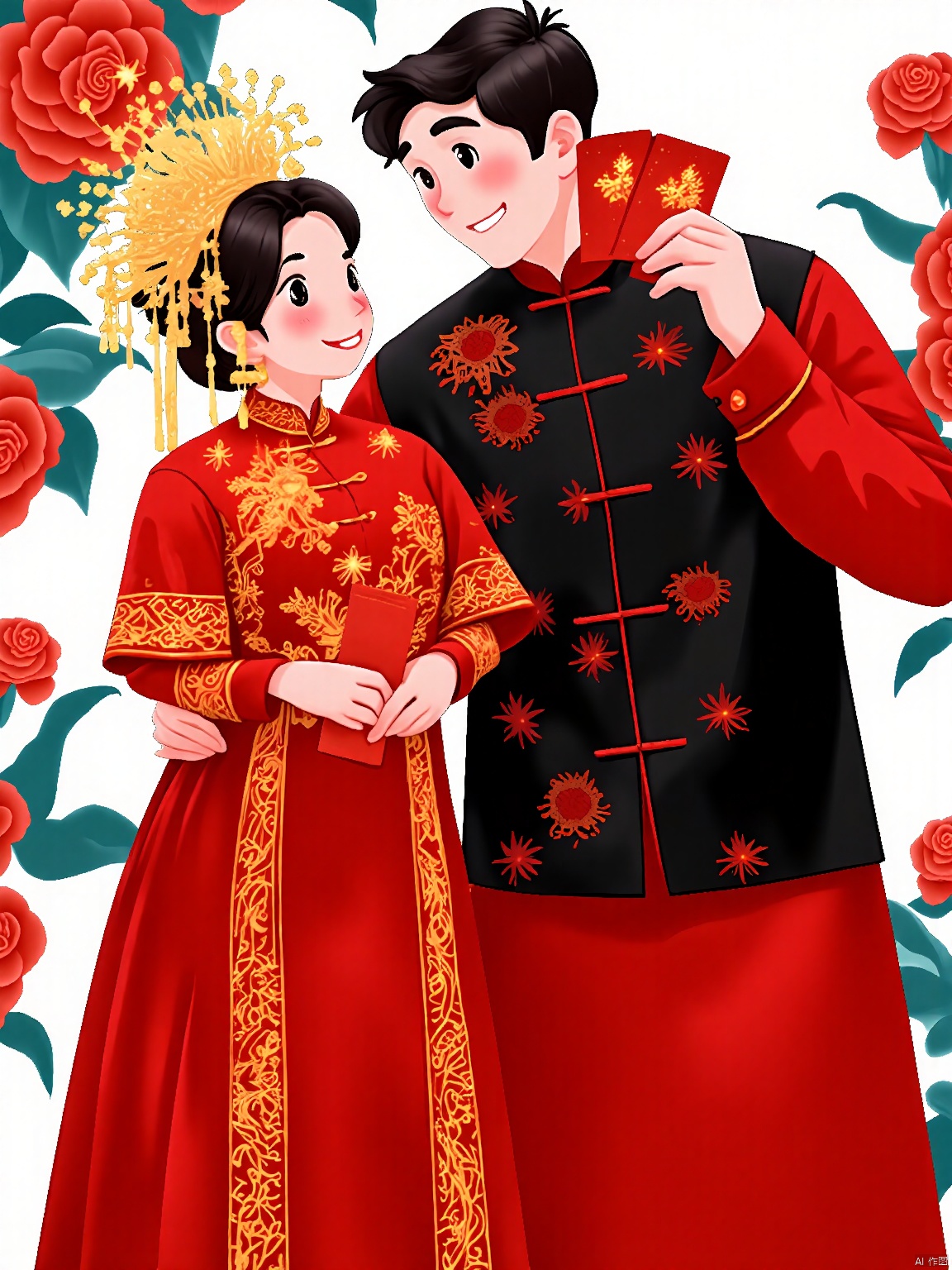 RWYS, Digital illustration of a couple in traditional Chinese attire, standing closely together, holding red envelopes. The woman wears a red cheongsam with intricate gold embroidery and a golden crown. The man wears a black qipao with red floral patterns and holds a red envelope in his right hand. Both have smiling expressions. The background features large red roses and green leaves, adding a romantic and festive touch. The overall style is clean and colorful, with a focus on traditional Chinese elements.