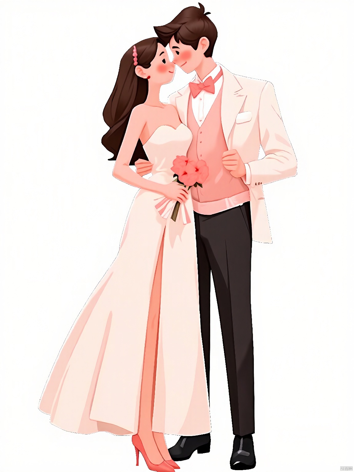 RWYS, A digital illustration of a couple standing close together, holding a bouquet of flowers. The woman has long, flowing brown hair and is wearing a strapless white dress with a high slit, revealing one leg. She is holding the bouquet in her left hand and has a gentle smile on her face. The man has short brown hair styled upwards and is wearing a white tuxedo with a pink bow tie and pink shoes. He is looking at the woman with a loving expression. The background is plain white, making the couple the focal point. The art style is clean and polished, with soft shading and vibrant colors.