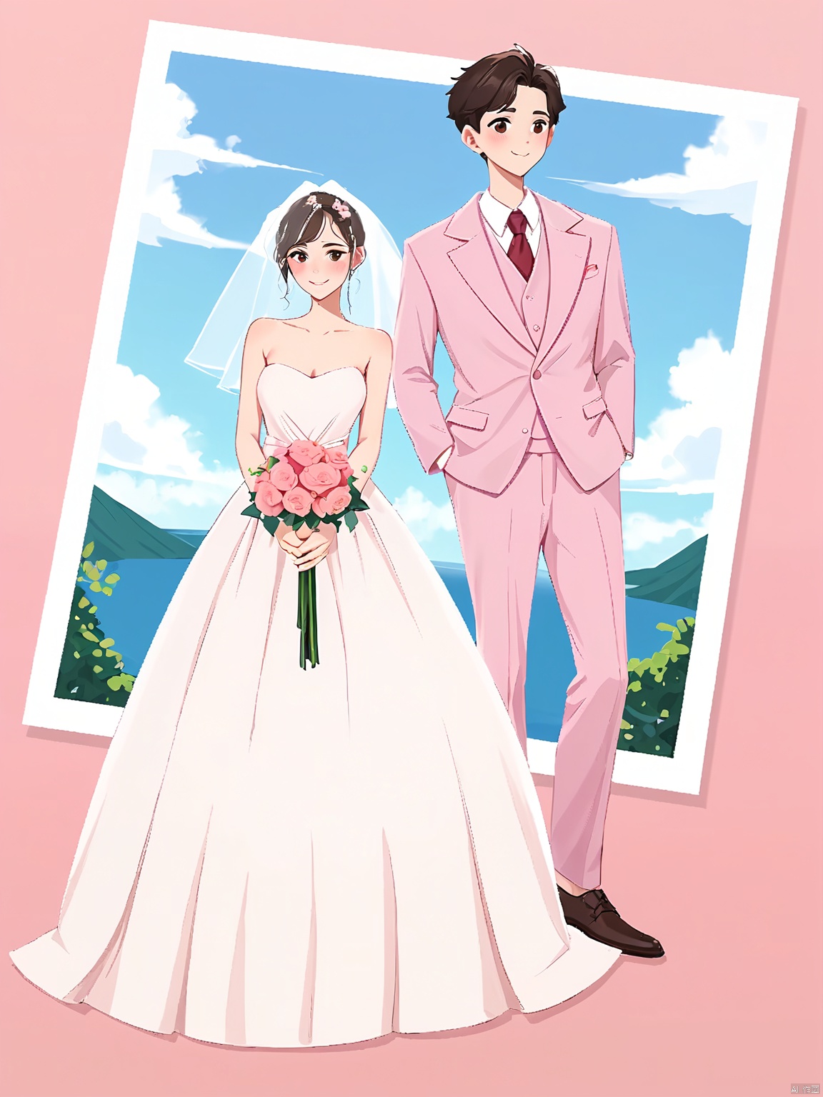 RWYS, A digital illustration of a bride and groom in a romantic, soft color palette. The bride wears a strapless, off-the-shoulder white wedding dress with a full skirt and a veil, holding a bouquet of flowers. The groom is dressed in a light pink suit with a white shirt and a red tie, standing with his hands in his pockets. The background is white, and the overall style is clean and minimalistic with a soft, romantic feel.