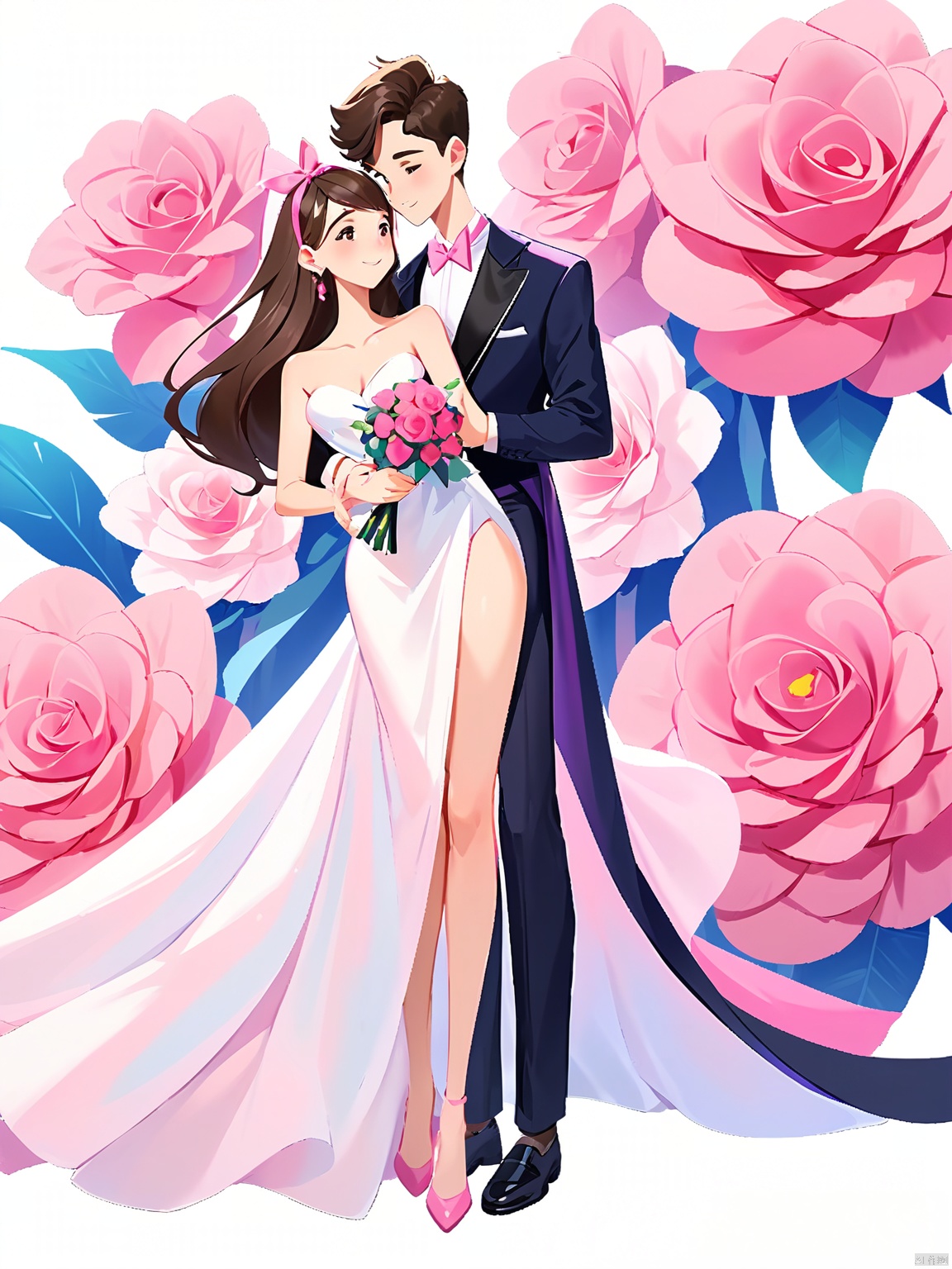 RWYS, A digital illustration of a couple standing close together, holding a bouquet of flowers. The woman has long, flowing brown hair and is wearing a strapless white dress with a high slit, revealing one leg. She is holding the bouquet in her left hand and has a gentle smile on her face. The man has short brown hair styled upwards and is wearing a white tuxedo with a pink bow tie and pink shoes. He is looking at the woman with a loving expression. The background is plain white, making the couple the focal point. The art style is clean and polished, with soft shading and vibrant colors.