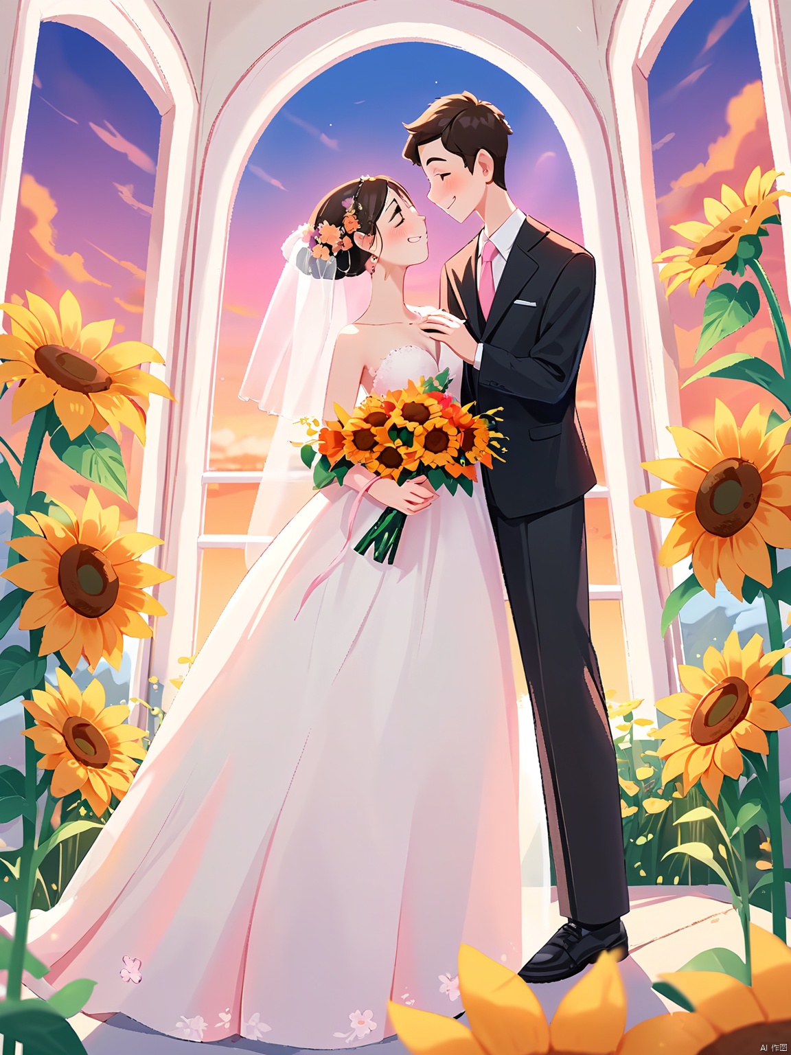 RWYS, Digital illustration of a wedding scene, featuring a bride and groom. The groom, standing to the left, wears a black suit with a white shirt and red tie, holding a bouquet of flowers. The bride, standing to the right, wears a white wedding dress with a long veil, holding a small bouquet of flowers. Both are smiling at each other. The background features a large, arched window with a pink frame, through which a bright, colorful sunset is visible. Surrounding the couple are tall, orange sunflowers with green stems. The overall style is clean and whimsical, with soft pastel colors.