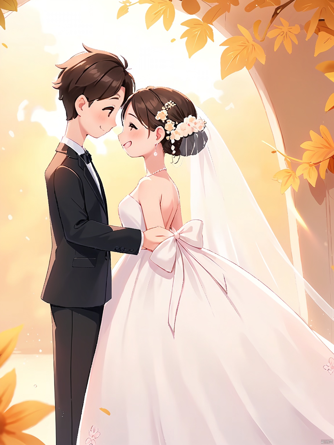 RWYS, A digital illustration of a bride and groom holding hands, standing facing each other. The bride is wearing a white wedding dress with a long veil, and the groom is in a black suit with a white shirt and black tie. The background is plain white. The style is simple and clean, with smooth lines and soft shading. The bride's hair is styled in an elegant updo, and she is smiling warmly. The groom is looking at the bride with a gentle expression. The overall mood is romantic and happy.