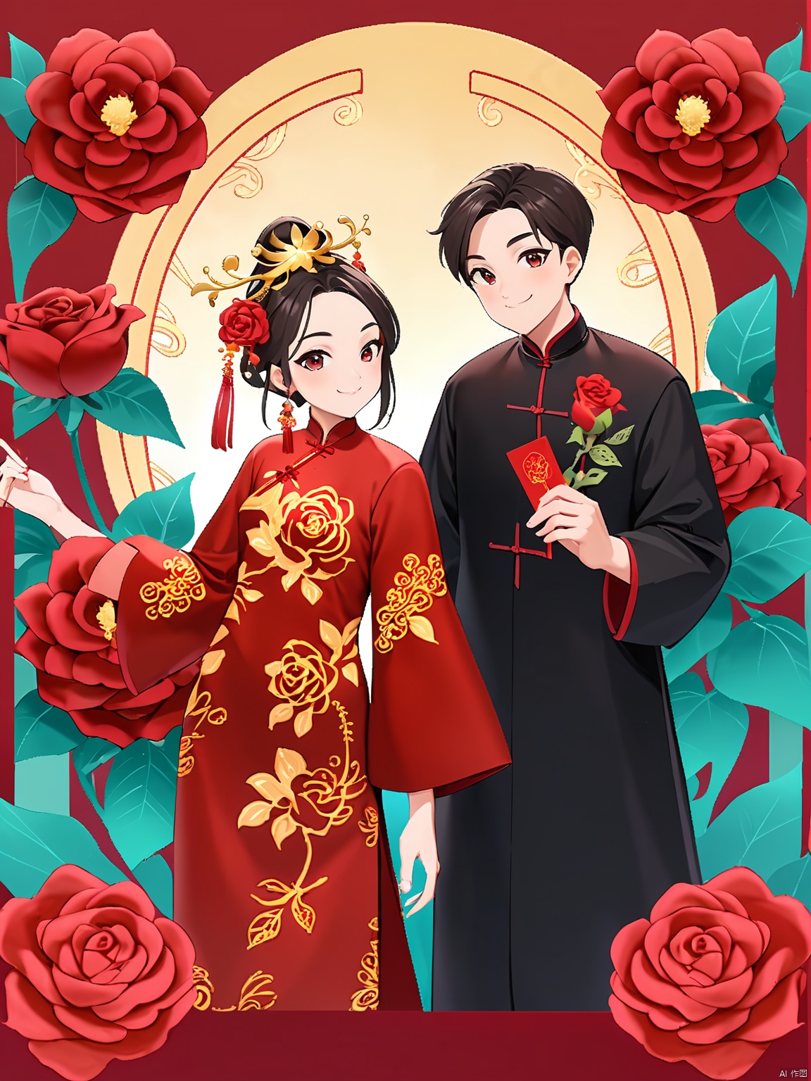 RWYS, Digital illustration of a couple in traditional Chinese attire, standing closely together, holding red envelopes. The woman wears a red cheongsam with intricate gold embroidery and a golden crown. The man wears a black qipao with red floral patterns and holds a red envelope in his right hand. Both have smiling expressions. The background features large red roses and green leaves, adding a romantic and festive touch. The overall style is clean and colorful, with a focus on traditional Chinese elements.