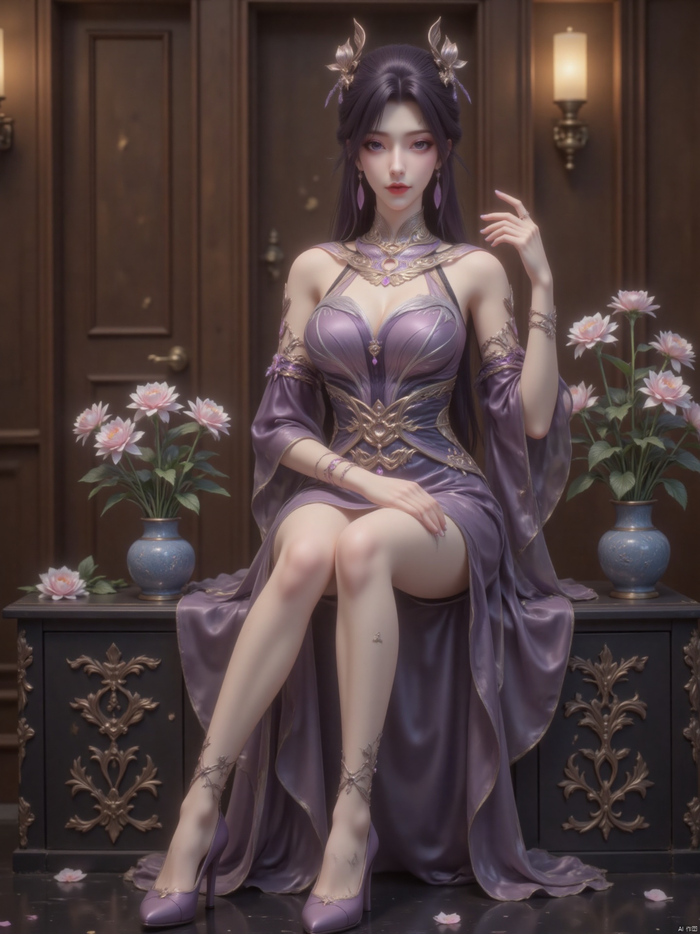A charming Asian woman with dark purple hair, wearing a purple strapless dress, purple high heels, gold bracelets and gold rings. She wore a purple necklace and earrings, adding a touch of glory to her outfit. Her eyes were dark blue, her lips were light red, with light red eyeshadows, and a mark on her face. She sat on a black cabinet decorated with golden floral and leaf patterns, next to the cabinet was a blue vase with several flowers inside. The background is an indoor environment, with wooden doors and warm yellow lights, creating an elegant and oriental atmosphere as a whole.
