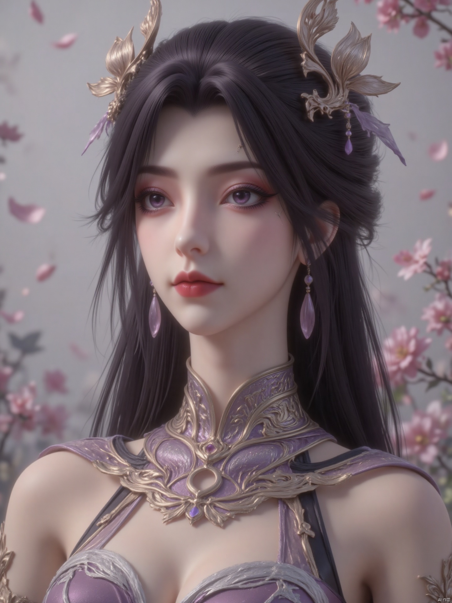 1 girl, solo, long black hair, golden eyeshadow, purple eyes, earrings, career lines, big boobs, Chinese ink painting, heavy black brushstrokes, elegant Shanghai women, luxurious fur coat, beautiful eyes, long eyelashes, Rose red lips, clean face, colorful ink background, soft, minimalist, HD, (ink style, firm)
