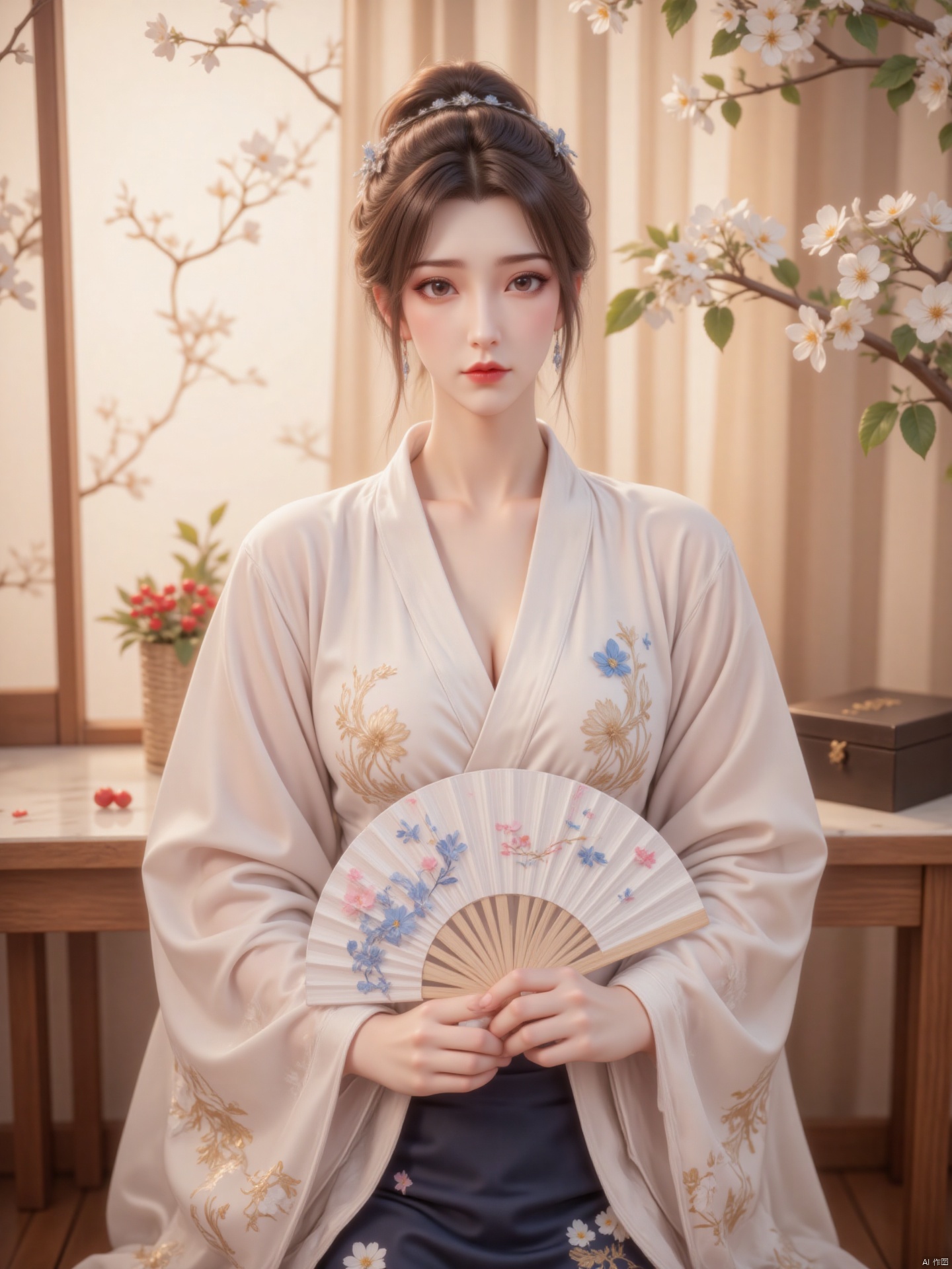 The image depicts a person dressed in traditional Japanese attire, specifically a kimono, sitting at a low table. The kimono is predominantly white with gold and blue floral patterns. The person is holding a round, hand-held fan with a design featuring a white bird and some colorful elements.

The setting is elegant and serene, with a soft, warm light illuminating the scene. The background includes a curtain with delicate floral embroidery and a window with a view of a traditional Japanese garden, featuring a tree with white blossoms and a basket filled with red berries.

The table in front of the person has a few items on it, including a round, dark wooden box and a rectangular, dark brown object, possibly a book or a box. The overall atmosphere is calm and reflective, with a touch of traditional Japanese aesthetics.