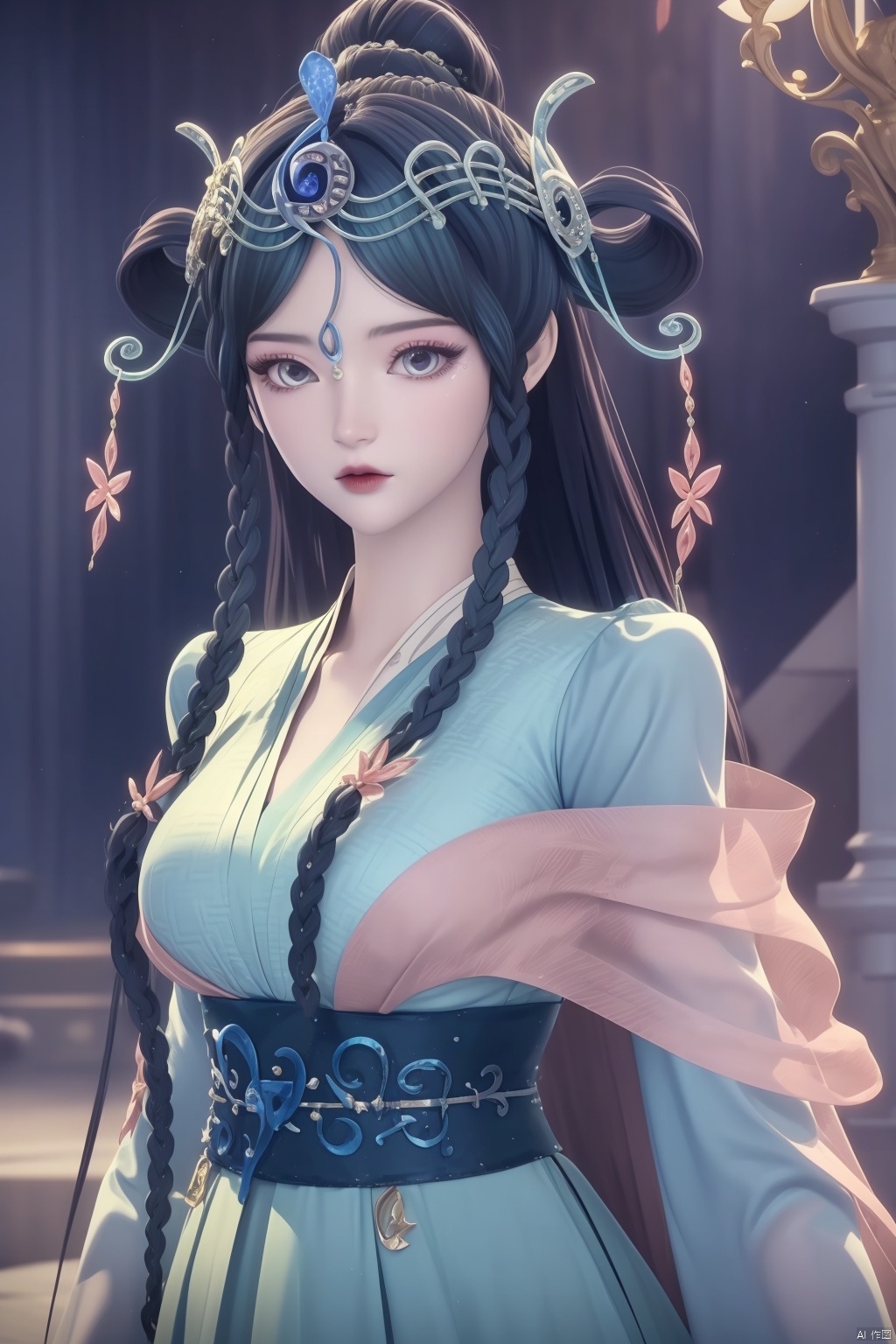 1girl, solo, long hair, hair ornament, long sleeves, dress, braid, twin braids, sash, blue dress, hair rings,Blue black hair,masterpiece,best quality,official art,extremely detailed CG unity 8k wallpaper,upper body,looking at viewer