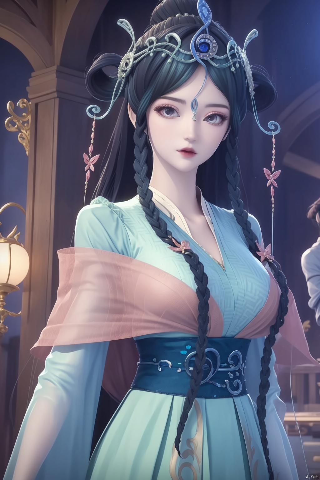1girl, solo, long hair, hair ornament, long sleeves, dress, braid, twin braids, sash, blue dress, hair rings,Blue black hair,masterpiece,best quality,official art,extremely detailed CG unity 8k wallpaper,upper body,looking at viewer