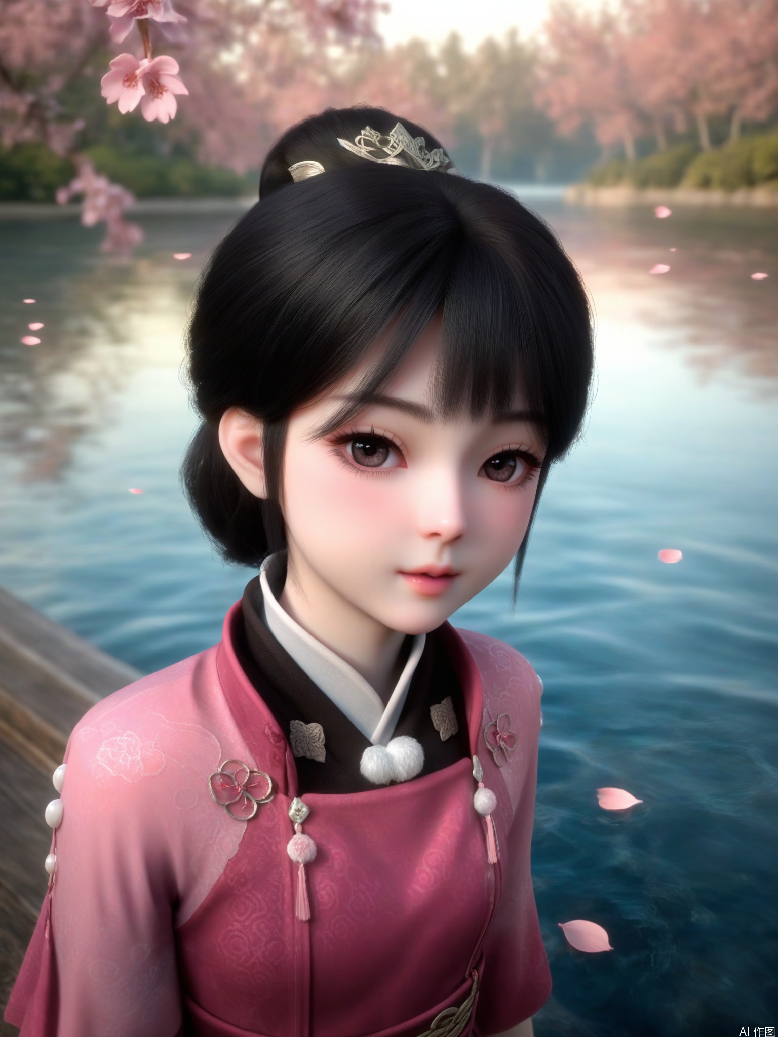 score_9,score_8_up,score_7_up,incredibly absurdres,realistic,complex composition,Breathtaking artwork,1girl,solo,high_quality,looking_at_viewer,(pale_skin),1 girl,solo,hair_ornament,petals,flower,makeup,cherry_blossoms,jewelry,delicate_water_surface,splashing_water,water_ripples,lake,moonlight,flower_sea,bright_lighting,bright_environment,black hair,sunshine,