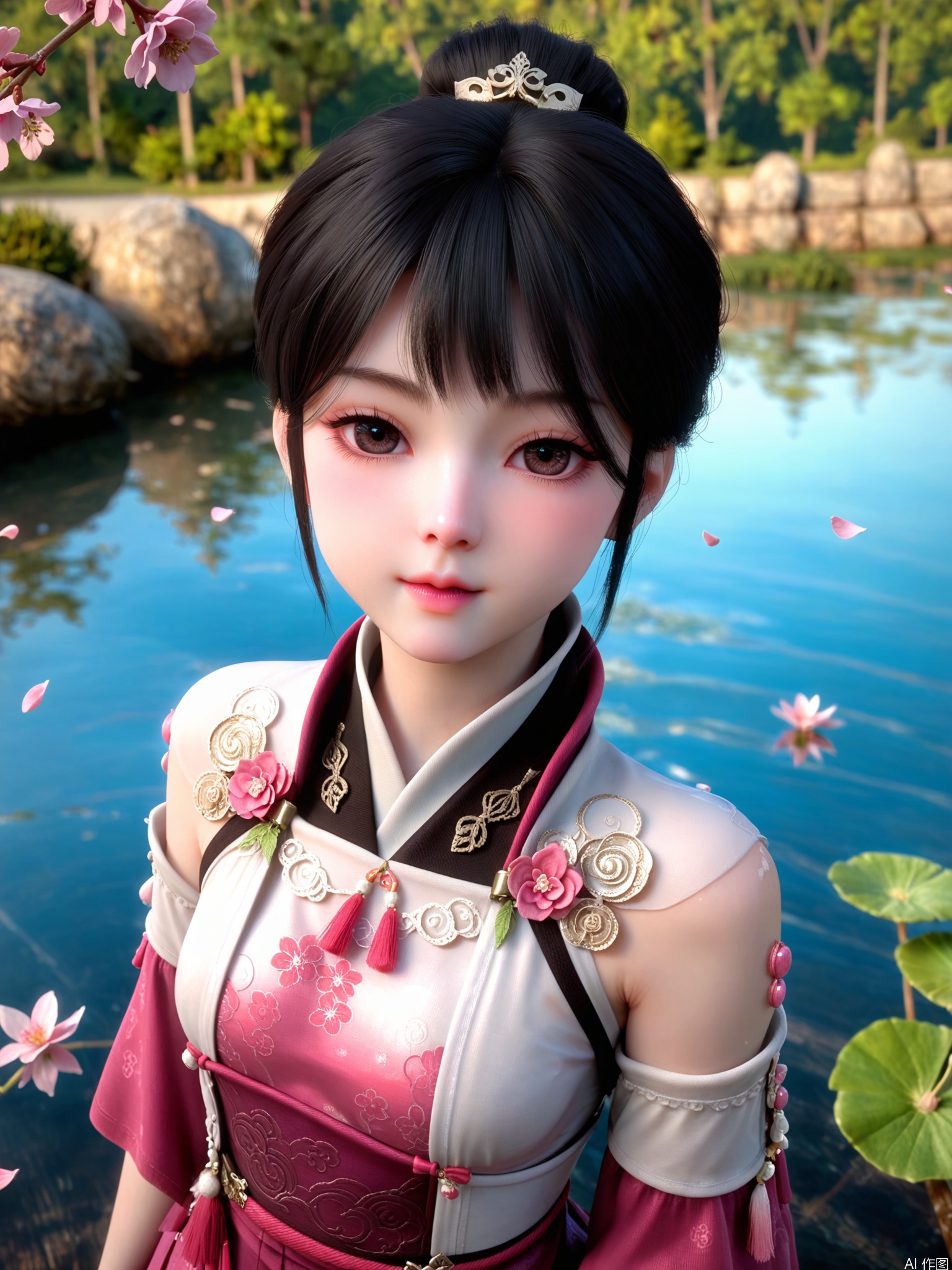 score_9,score_8_up,score_7_up,incredibly absurdres,realistic,complex composition,Breathtaking artwork,1girl,solo,high_quality,looking_at_viewer,(pale_skin),1girl,solo,hair_ornament,petals,flower,makeup,cherry_blossoms,jewelry,delicate_water_surface,splashing_water,water_ripples,lake,moonlight,flower_sea,bright_lighting,bright_environment,black hair,sunshine,