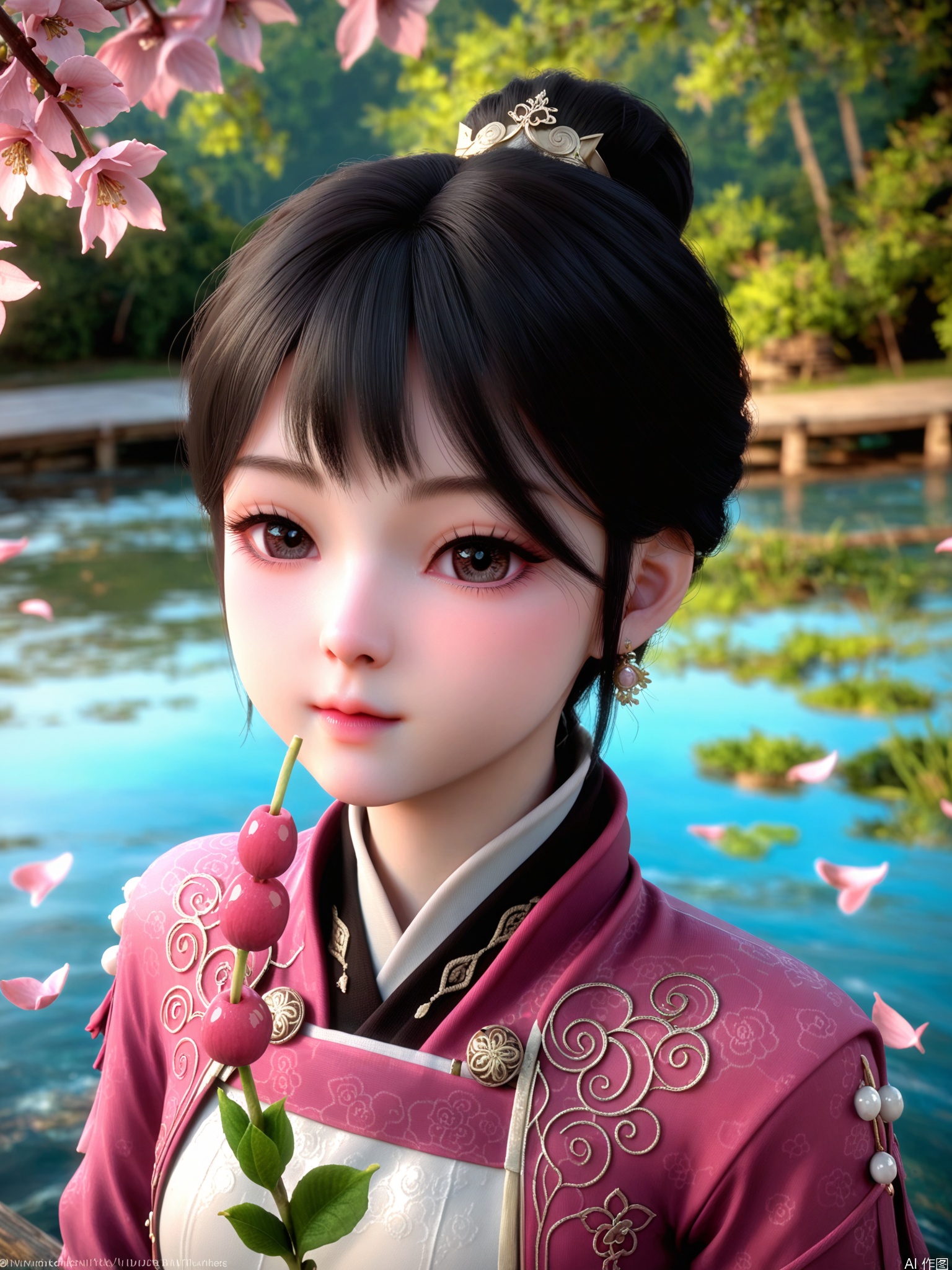score_9,score_8_up,score_7_up,incredibly absurdres,realistic,complex composition,Breathtaking artwork,1girl,solo,high_quality,looking_at_viewer,(pale_skin),1girl,solo,hair_ornament,petals,flower,makeup,cherry_blossoms,jewelry,delicate_water_surface,splashing_water,water_ripples,lake,moonlight,flower_sea,bright_lighting,bright_environment,black hair,sunshine,