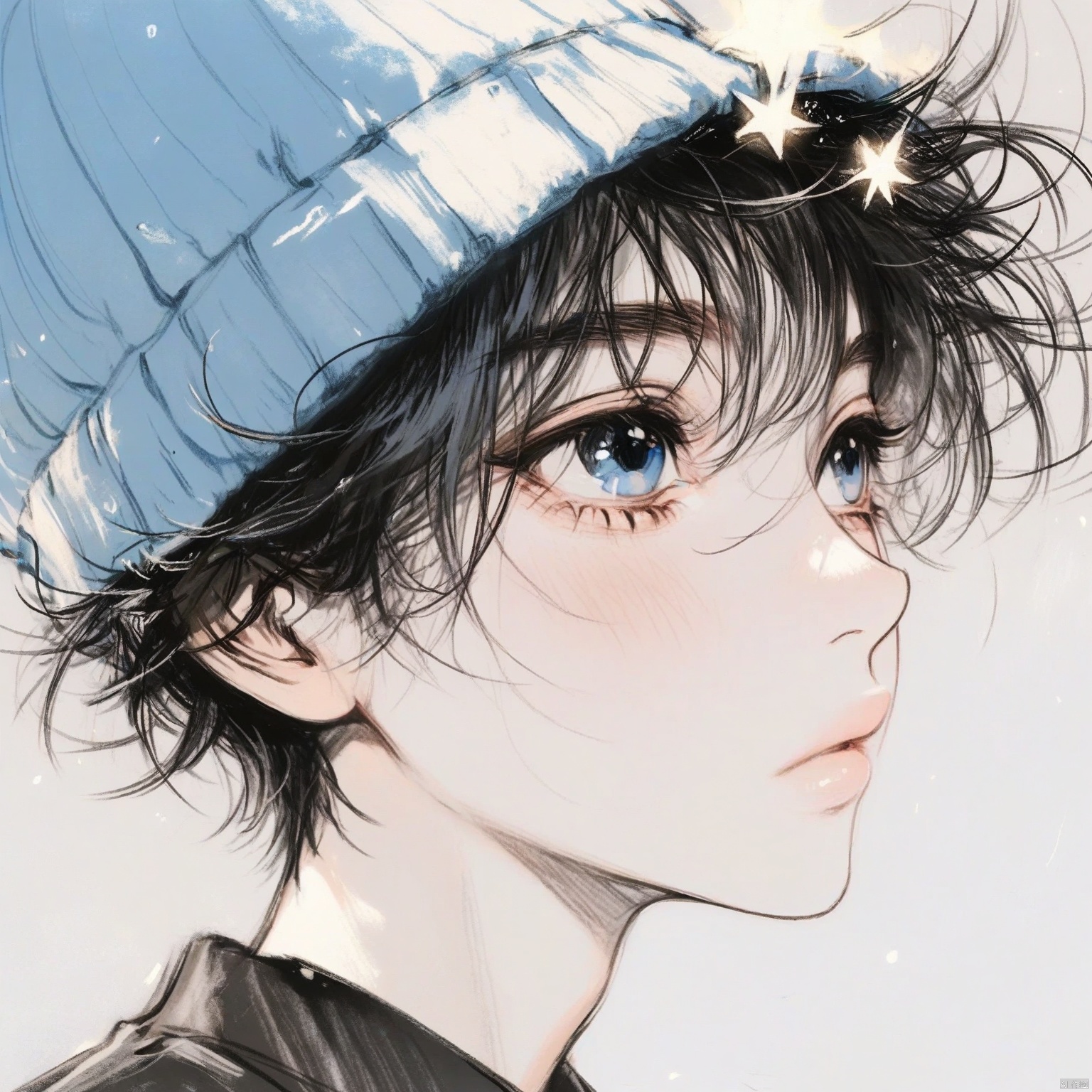 ZOZ_DONGMANG

This image is a detailed illustration of a young person with dark

tousled hair and striking blue eyes. The person is wearing a blue hat adorned with white stars. The background is mostly white

which highlights the subject's features. The person's face is turned slightly to the side

and there is a soft

warm light illuminating their cheek

giving a gentle glow. The hair appears to be blowing slightly

adding a dynamic element to the otherwise serene composition. The overall style is a blend of realism and digital art

with a focus on capturing the delicate and expressive details of the subject.

