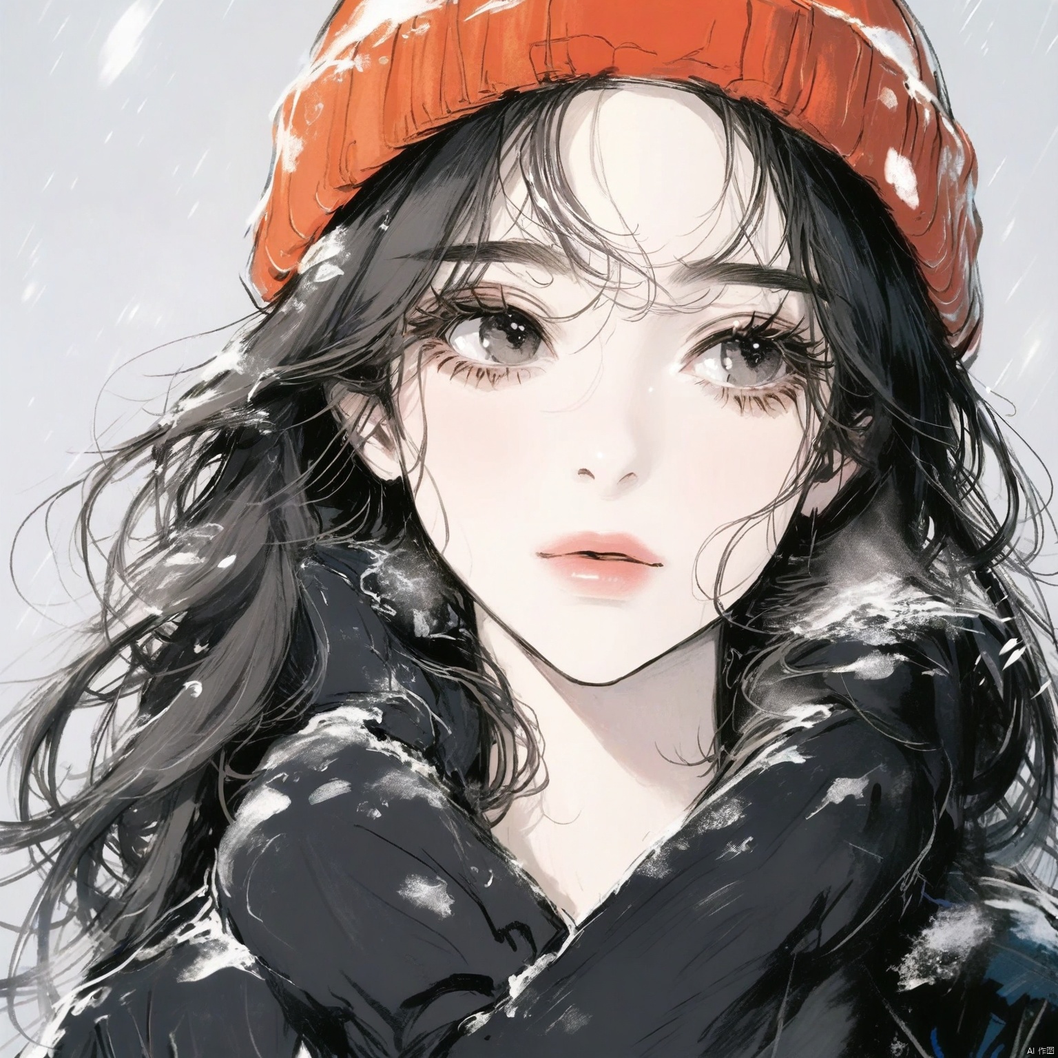ZOZ_DONGMANG

This image is a detailed illustration of a young woman wearing a red beanie hat. The beanie appears to be slightly wet

as indicated by the water droplets on it. She has long

dark

wavy hair that is partially visible beneath the hat. Her skin is fair

and she has large

expressive eyes with long eyelashes. She is wearing a black jacket

which also seems to have some water droplets on it

suggesting that it might be raining or snowing. The background is a soft

light color

possibly white or light gray

which contrasts with the darker tones of her clothing and hair. The overall mood of the image is serene and slightly melancholic

enhanced by the soft lighting and the gentle expression on her face.

