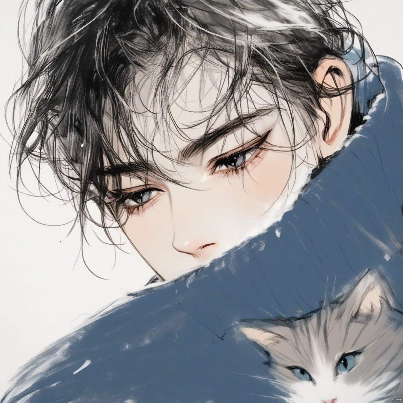 ZOZ_DONGMANG

This image is a digital illustration of a young person with a close-up view. The individual has dark

slightly tousled hair and is wearing a blue high-collared garment. The background is plain and light-colored

which helps to emphasize the subject. The style of the illustration is detailed and realistic

with a focus on the facial features and the texture of the hair and clothing. The overall tone of the image is soft and warm

with a gentle color palette.

