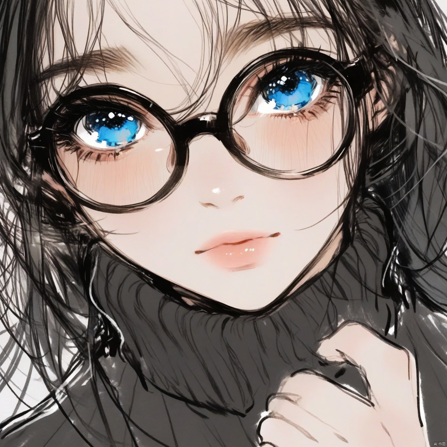 ZOZ_DONGMANG

This image is a digital illustration of a young woman. She has large

expressive blue eyes that are accentuated by round black-rimmed glasses. Her hair is dark and appears to be slightly messy

with strands falling around her face. She is wearing a black turtleneck sweater

which contrasts with her fair skin. The background is plain and light-colored

allowing the subject to stand out prominently. The overall style of the illustration is soft and detailed

with a focus on the eyes and facial features.

